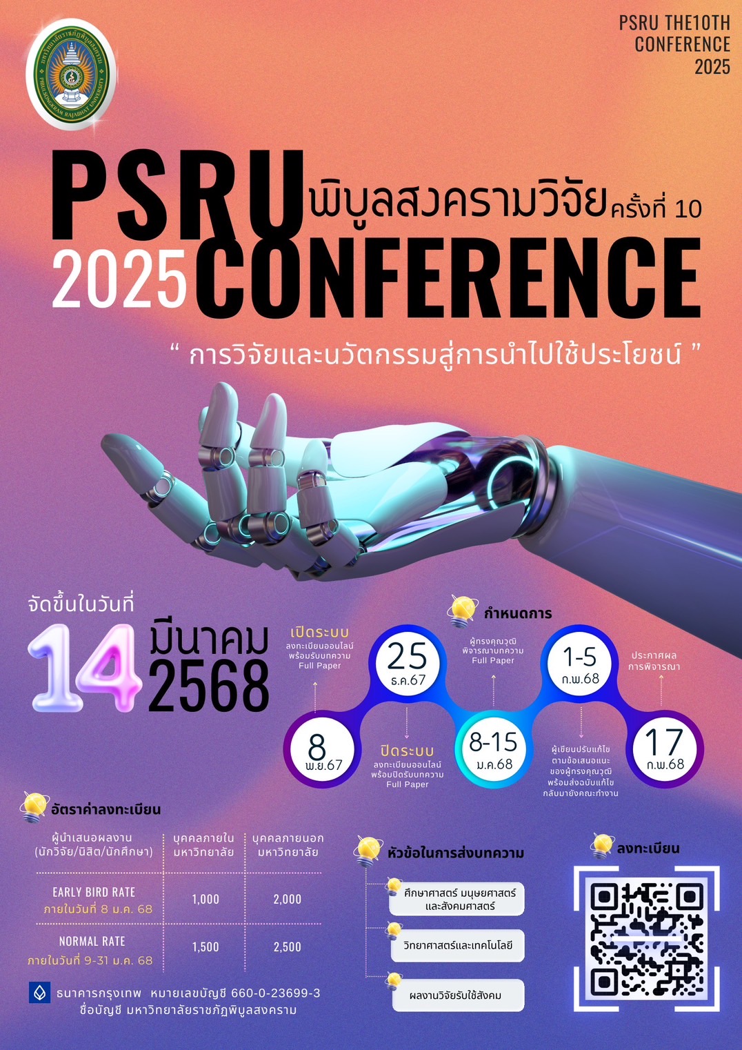 การประชุมวิชาการระดับชาติพิบูลสงครามวิจัย ครั้งที่ 10: “การวิจัยและนวัตกรรมสู่การนำไปใช้ประโยชน์”