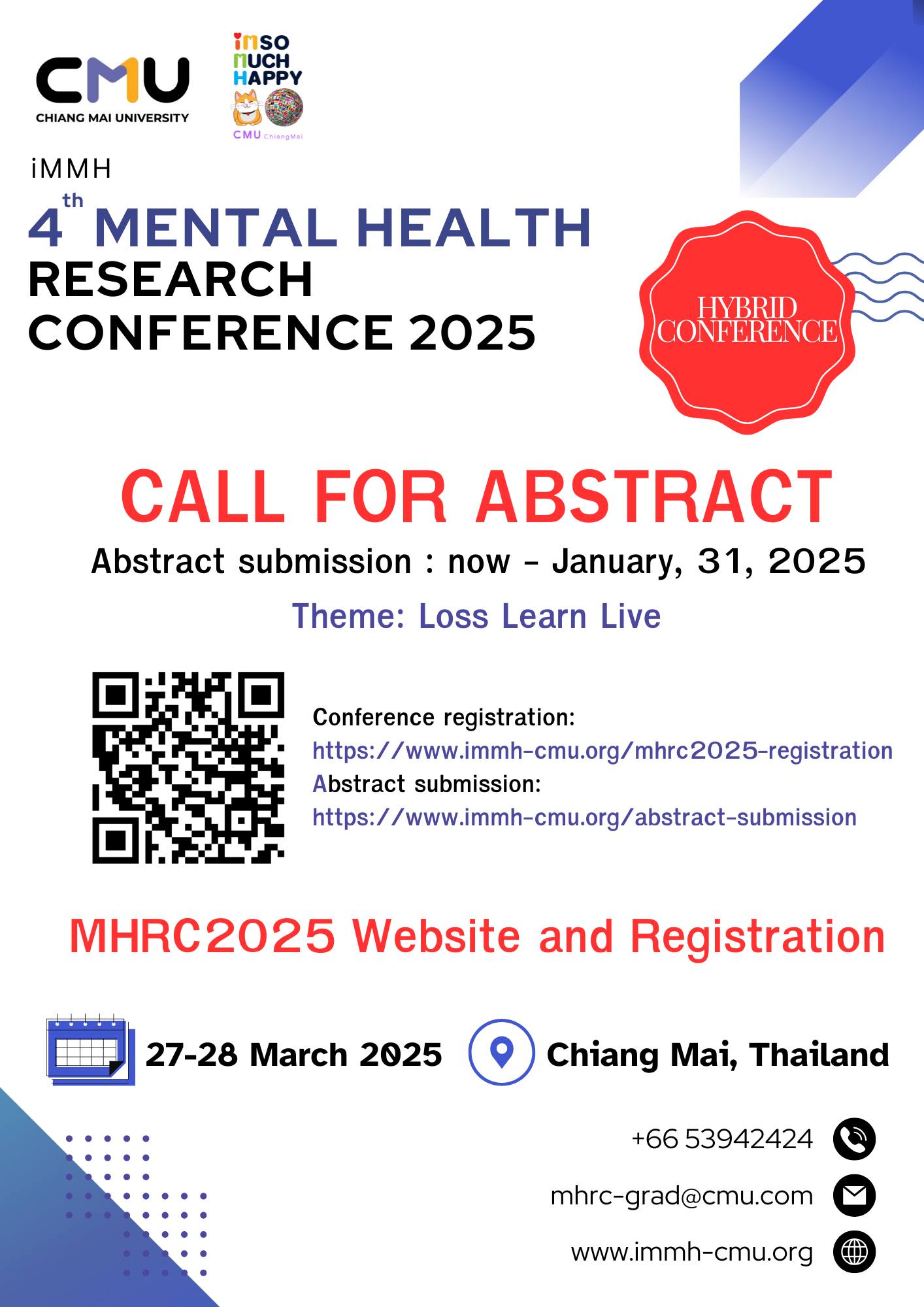 งาน ประชุมวิชาการนานาชาติ The 4th Mental Health Research Conference (4th# MHRC 2025) and 5th Network in Education and Training in Mental Health Meeting (nET_MH 2025)