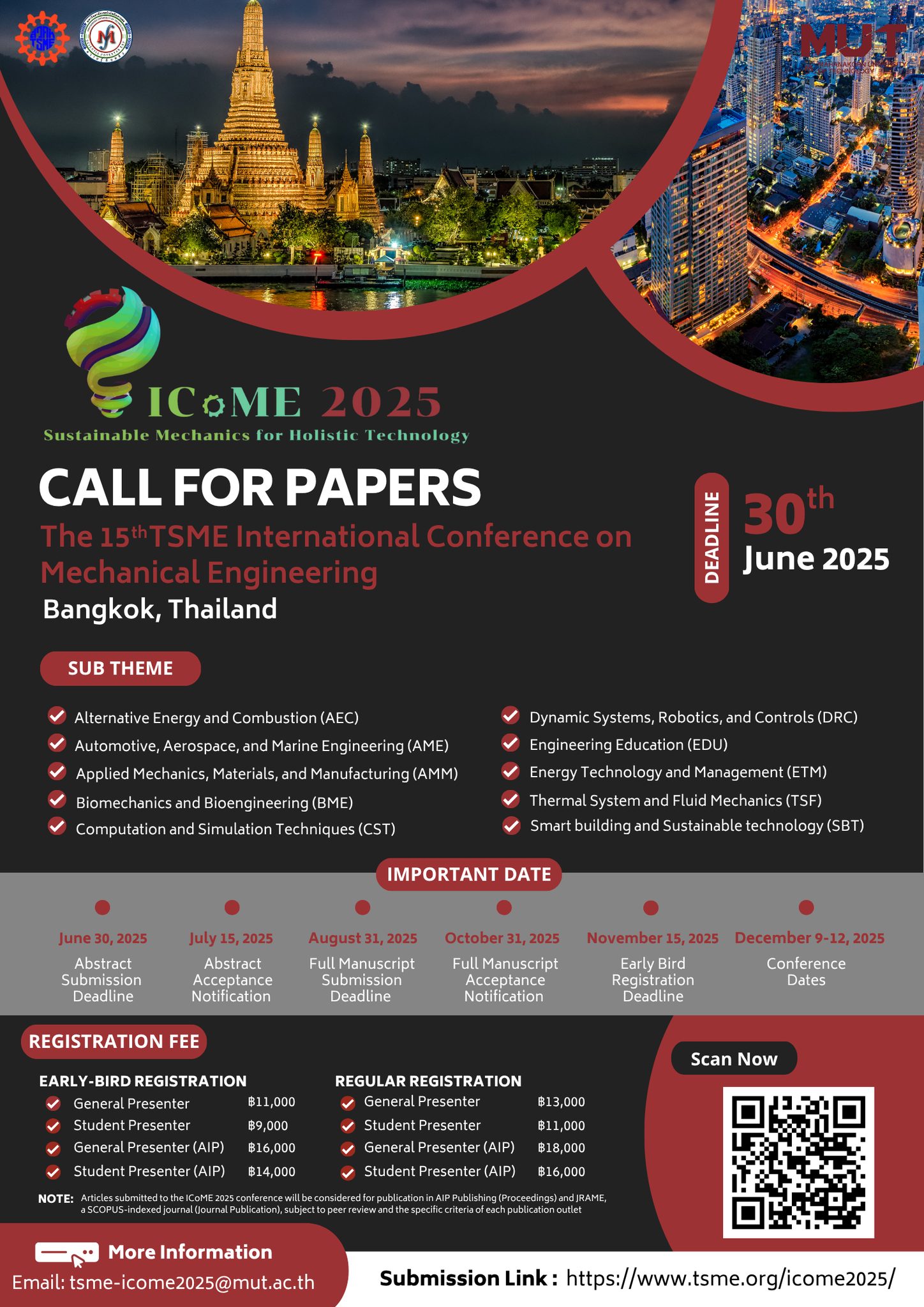 The 15th TSME International Conference on Mechanical Engineering 2025 (15th# TSME-ICoME 2025)