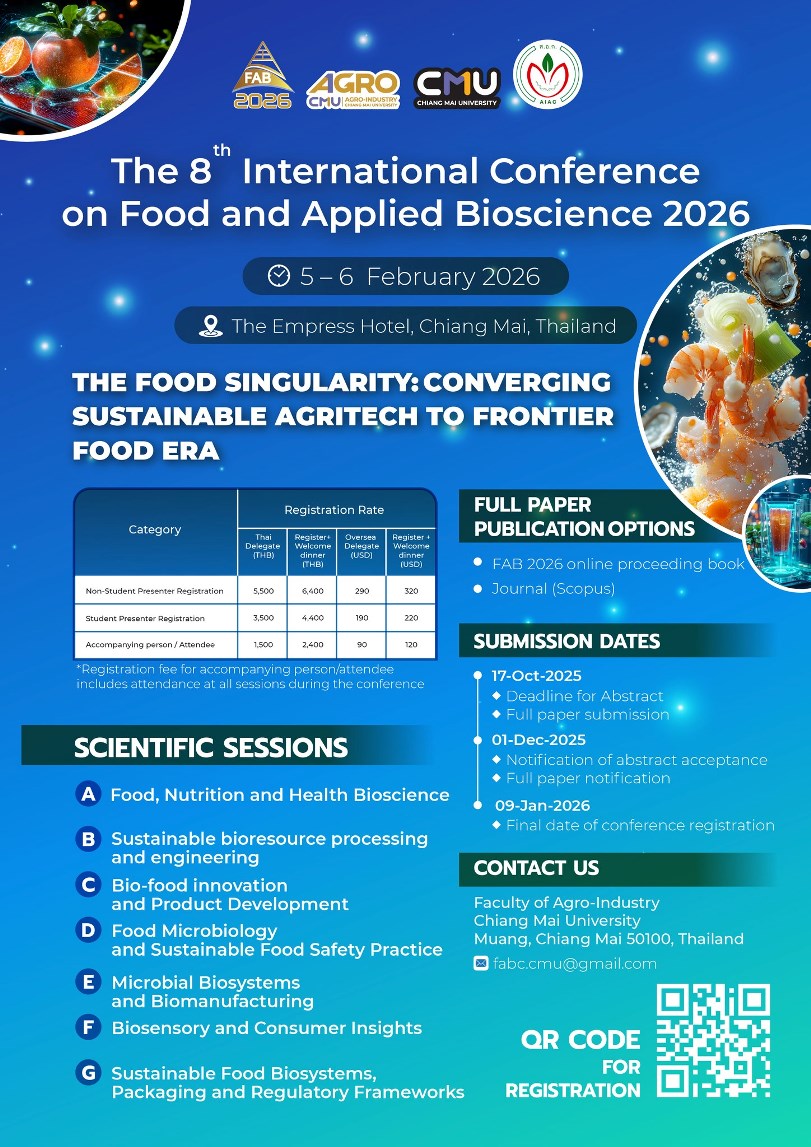The 8th International Conference on Food and Applied Bioscience 2026 (8th FAB 2026): “The Food Singularity: Converging Sustainable AgriTech to Frontier Food Era”