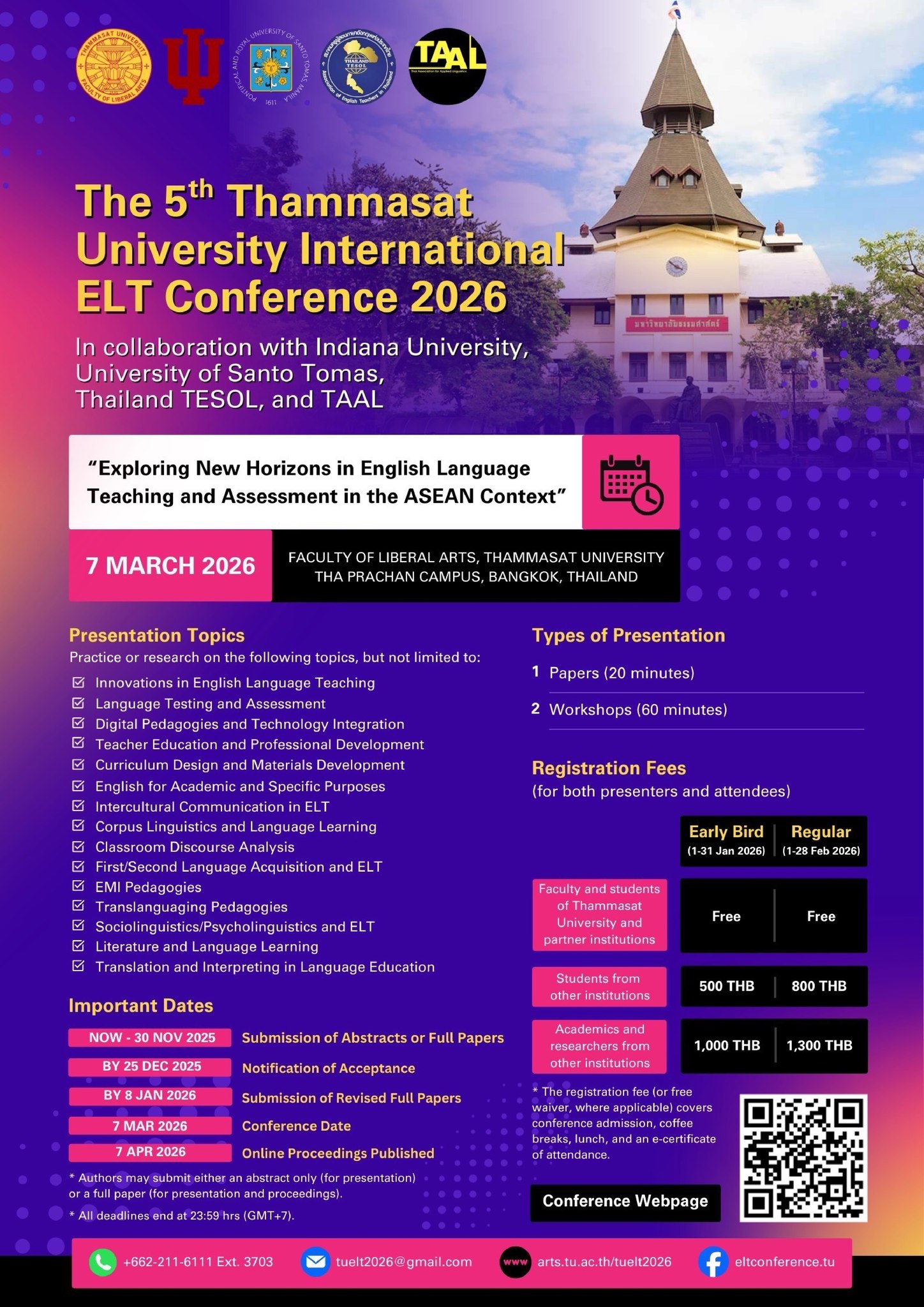 The 5th Thammasat University International ELT Conference 2026: “Exploring New Horizons in English Language Teaching and Assessment in the ASEAN Context”