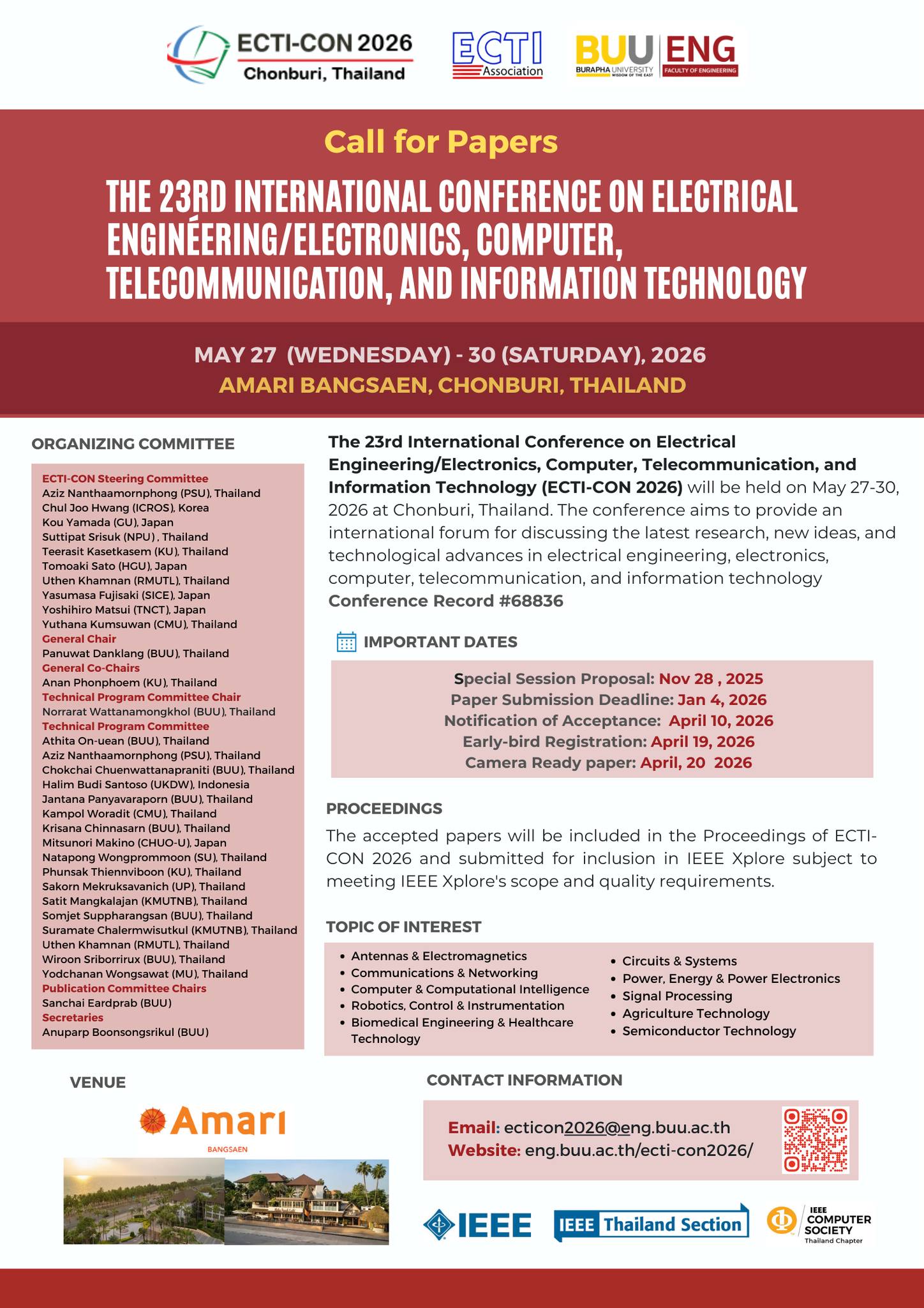 The 23rd International Conference on Electrical Engineering/Electronics, Computer, Telecommunications and Information Technology 2026 (233rd# ECTI 2026)