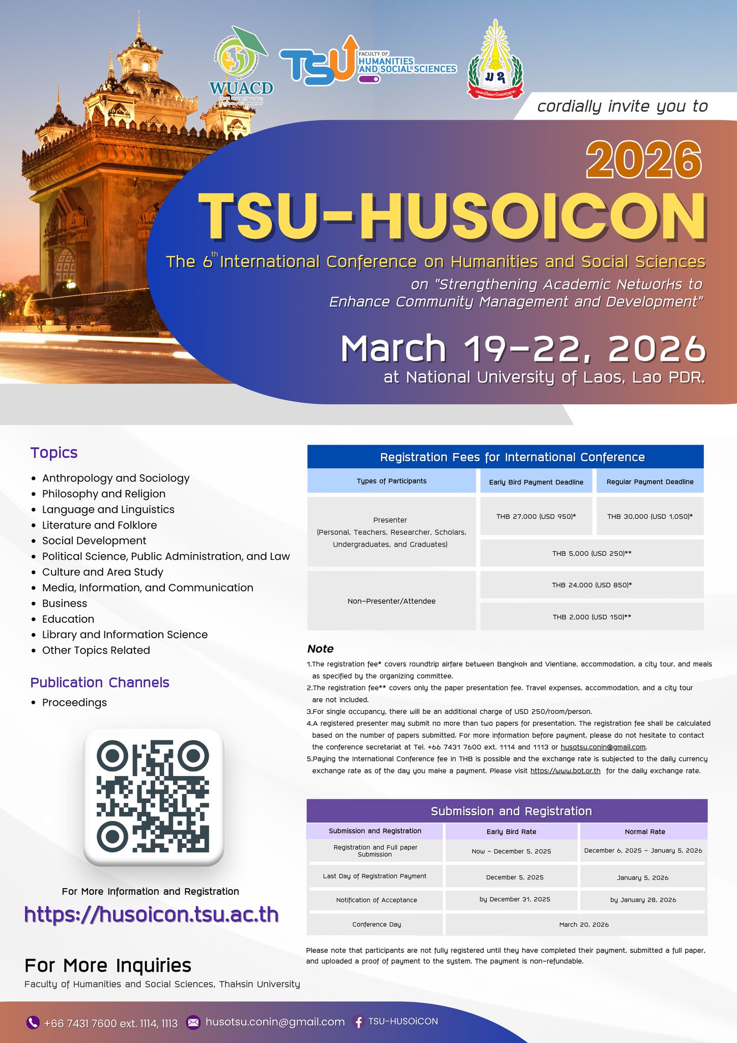 The 6th International Conference on Humanities and Social Sciences (6th# TSU-HUSOiCON 2026) On “Strengthening Academic Networks of Enchance Commnuity Management and Development”