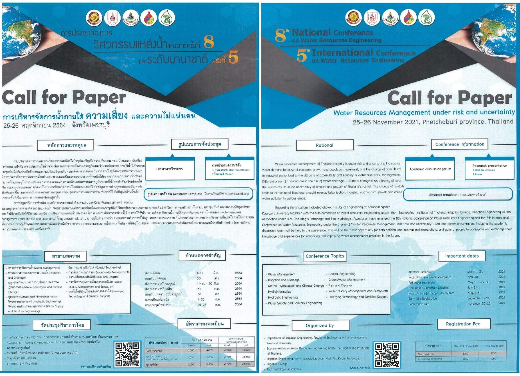 การประชุมวิชาการวิศวกรรมแหล่งน้ำแห่งชาติ ครั้งที่ 8 และ ระดับนานาชาติ ครั้งที่ 5: "การบริหารจัดการน้ำภายใต้ความเสี่ยงและความไม่แน่นอน"