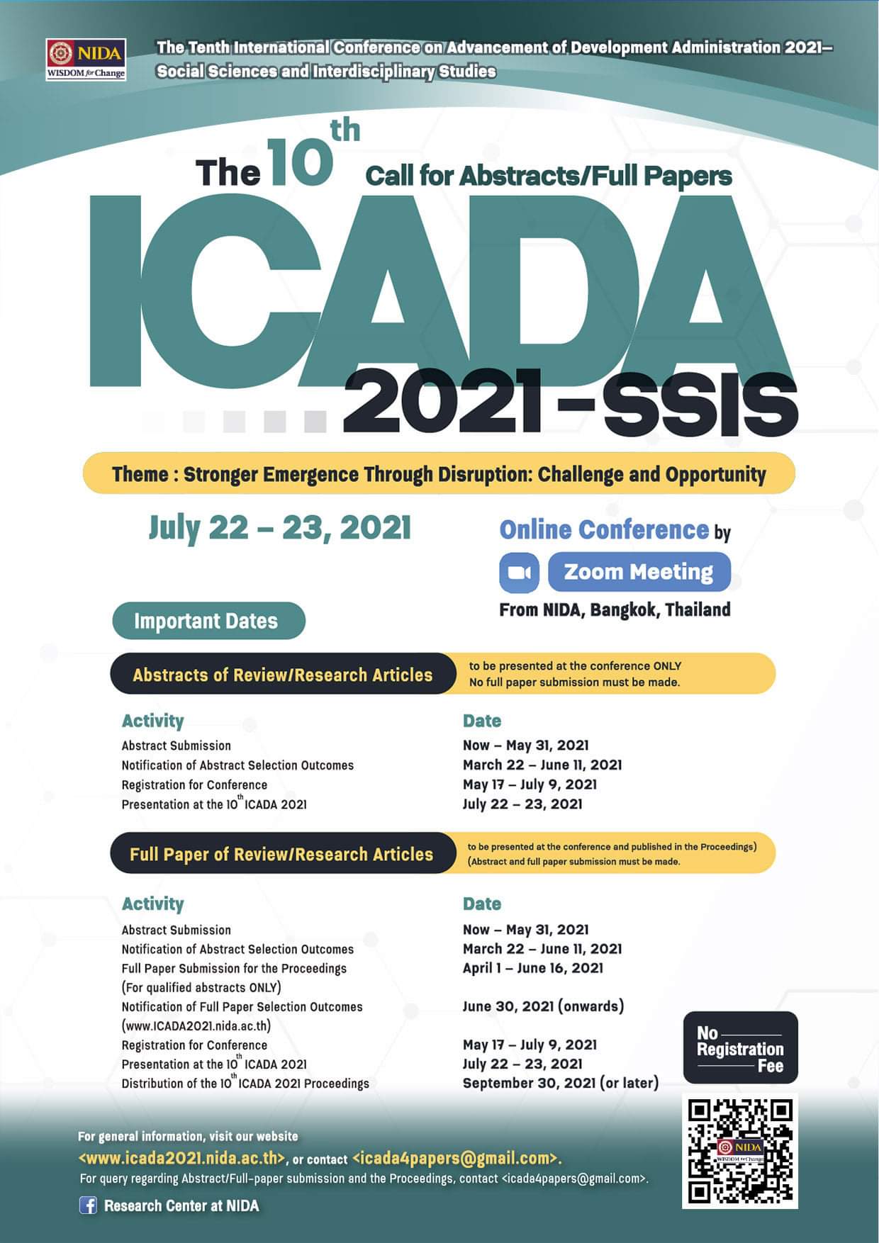 งานประชุมวิชาการระดับนานาชาติ The Tenth International Conference on Advancement of Development Administration 2021- Social Sciences and Interdisciplinary Studies (the 10th ICADA 2021-SSIS)