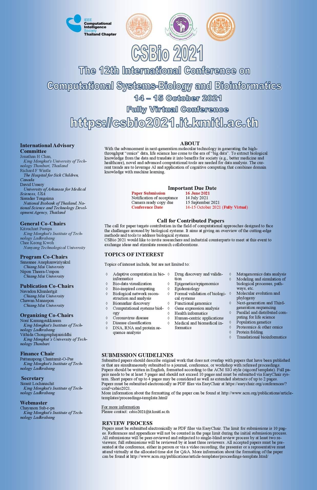 The 12th International Conference on Computational Systems-Biology and Bioinformatics (12th# CSBio 2021)