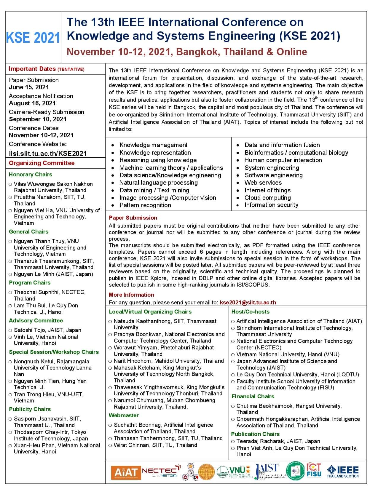 The 13th International Conference on Knowledge and System Engineering (13th# KSE 2021)