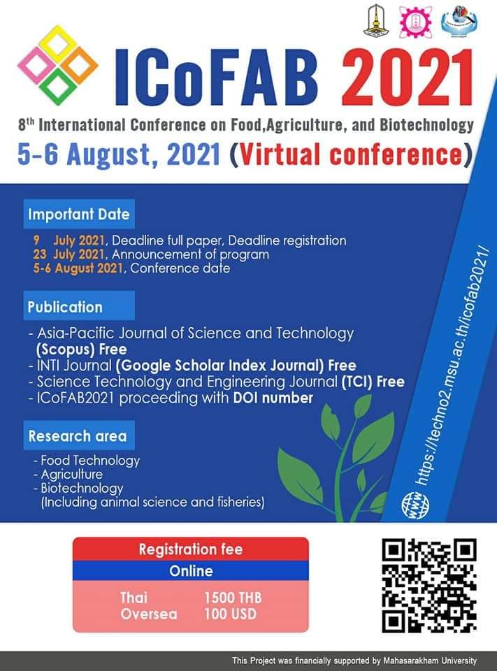 The 8th International Conference on Food Agriculture &amp; Biotechnology (8th# ICoFAB 2021)