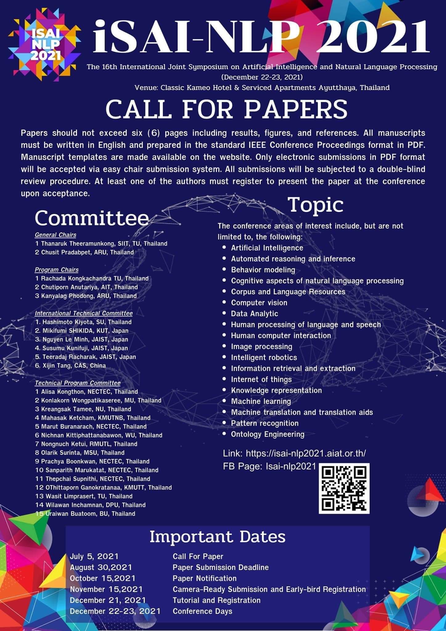 The 16th International Symposium on Artificial Intelligence and Natural Language Processing [iSAL-NLP 2021]