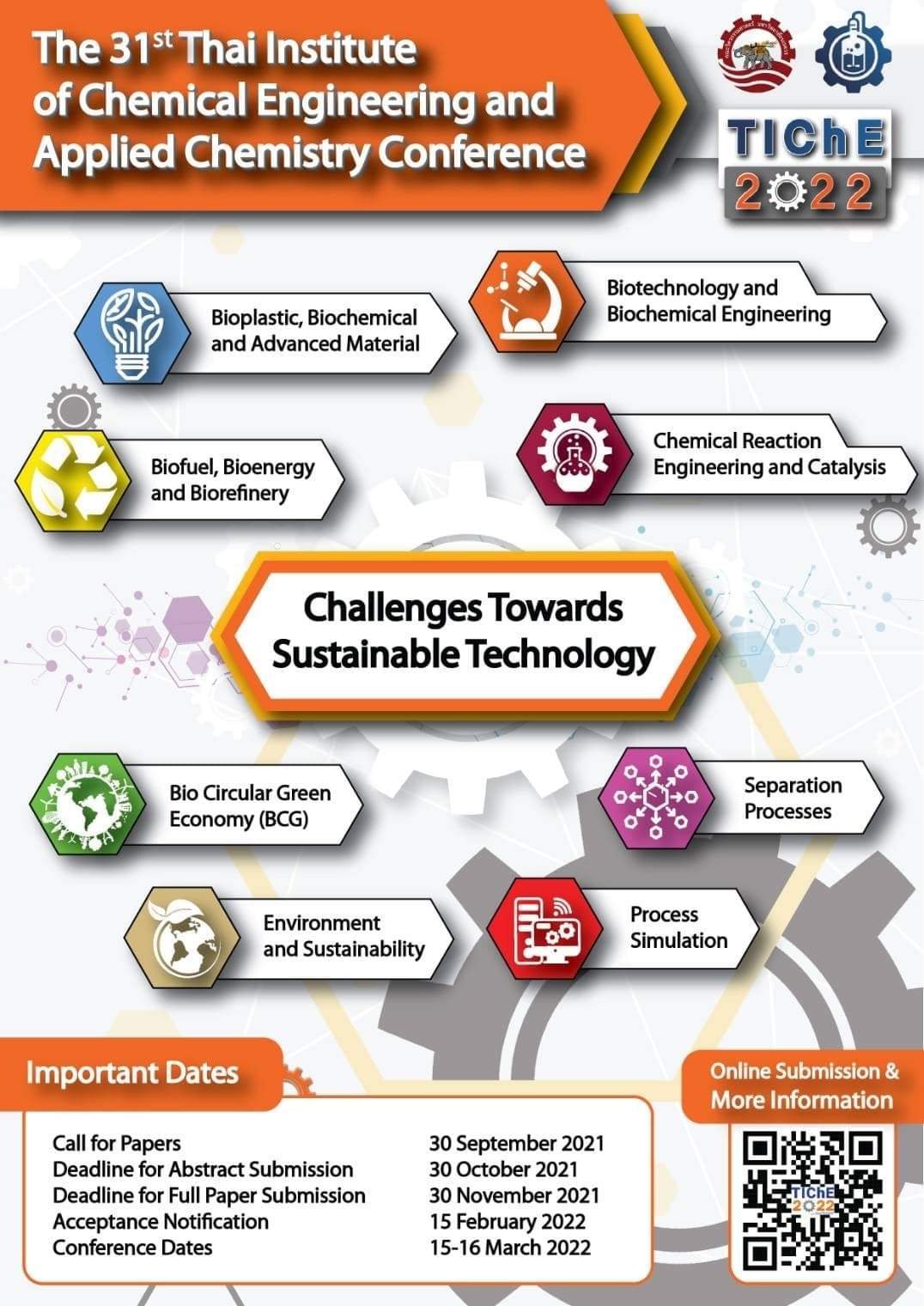 The 31st Thai Institute of Chemical Engineering and Applied Chemistry Conference (31st# TIChE 2022): &ldquo;Challenges towards Sustainable Technology&rdquo;