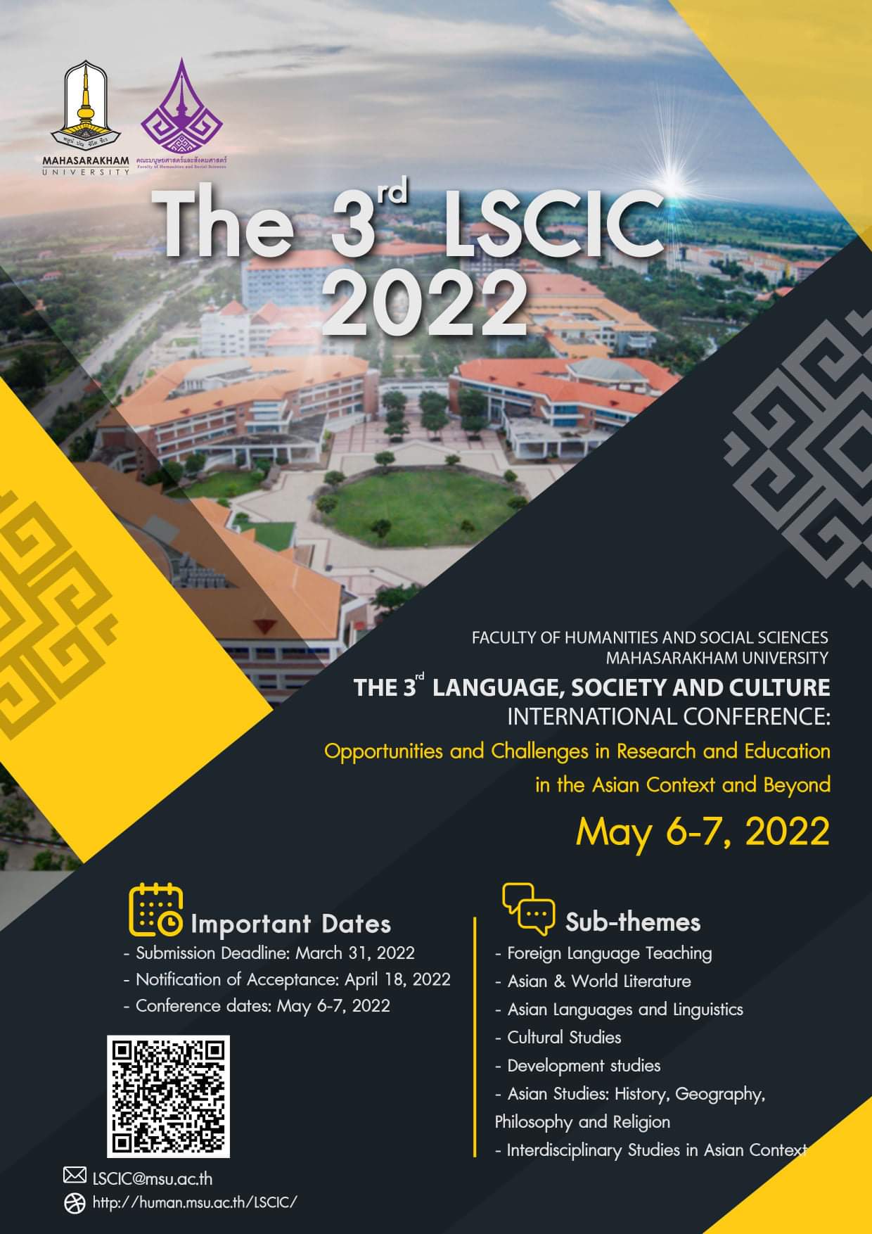 การประชุมวิชาการระดับนานาชาติ The 3rd Language, Society and Culture International Conference (The 3rd LSCIC 2022): &quot;Opportunities and Challenges in Research and Education on the Asian Context and Beyond&quot;