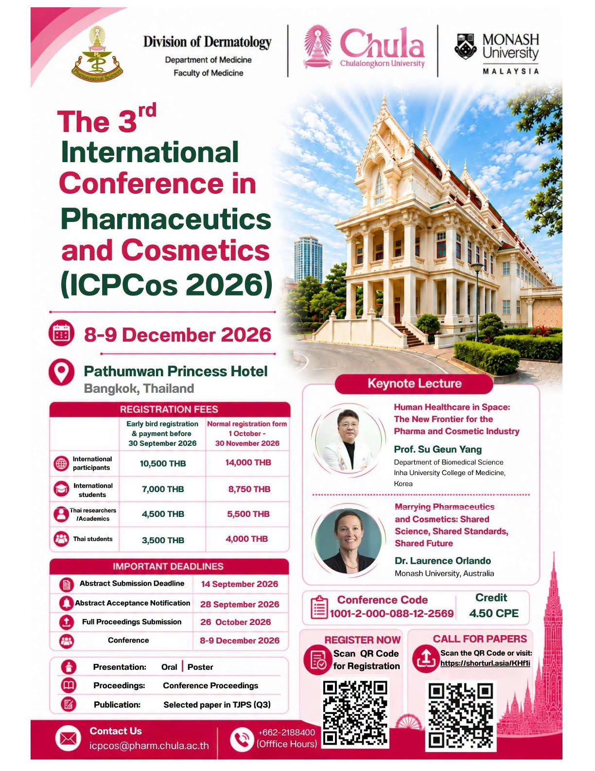 The 3rd International Conference in Pharmaceutics and Cosmetics 2026 (3rd# ICPCos 2026): “Integrating Pharmaceutical, Dermatology & Cosmetic Sciences: From Formulation to Market Impact”