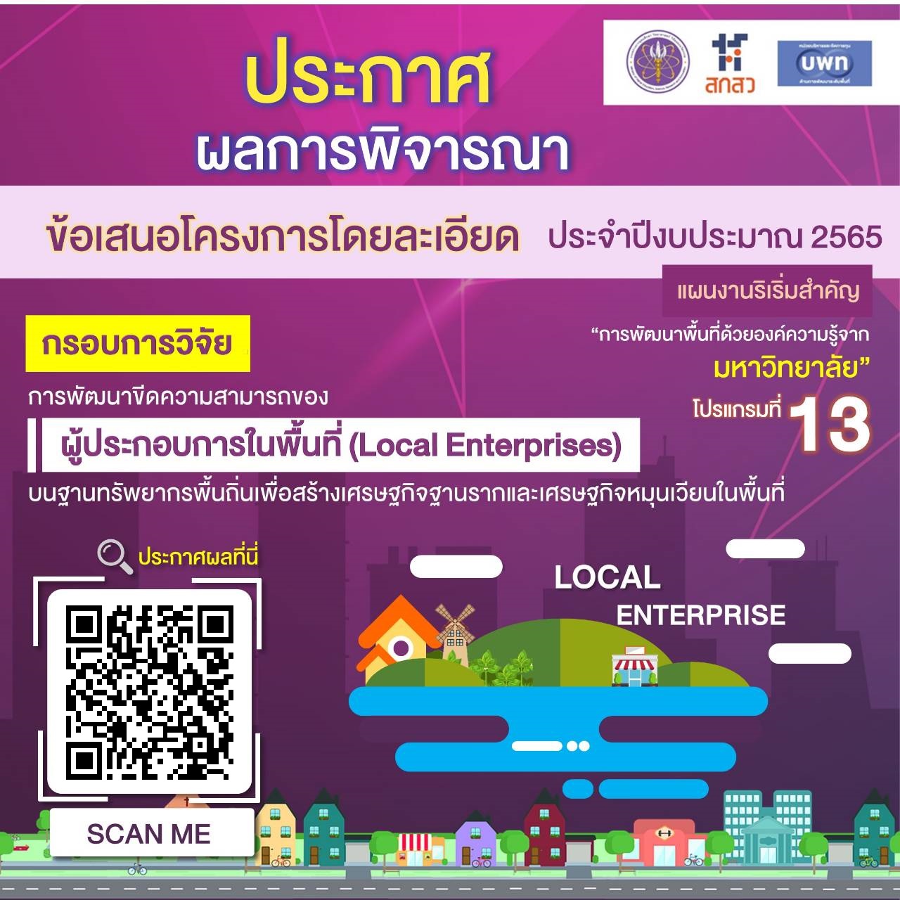 บพท. ประกาศผลการพิจารณาข้อเสนอโครงการวิจัยโดยละเอียด กรอบการวิจัย “การพัฒนาขีดความสามารถของผู้ประกอบการในพื้นที่ (Local Enterprises) บนฐานทรัพยากรพื้นถิ่น เพื่อสร้างเศรษฐกิจฐานรากและเศรษฐกิจหมุนเวียนในพื้นที่” ภายใต้แผนงานริเริ่มสำคัญ “การพัฒนาพื้นที่ด้วยองค์ความรู้จากมหาวิทยาลัย”ประจำปี 2565