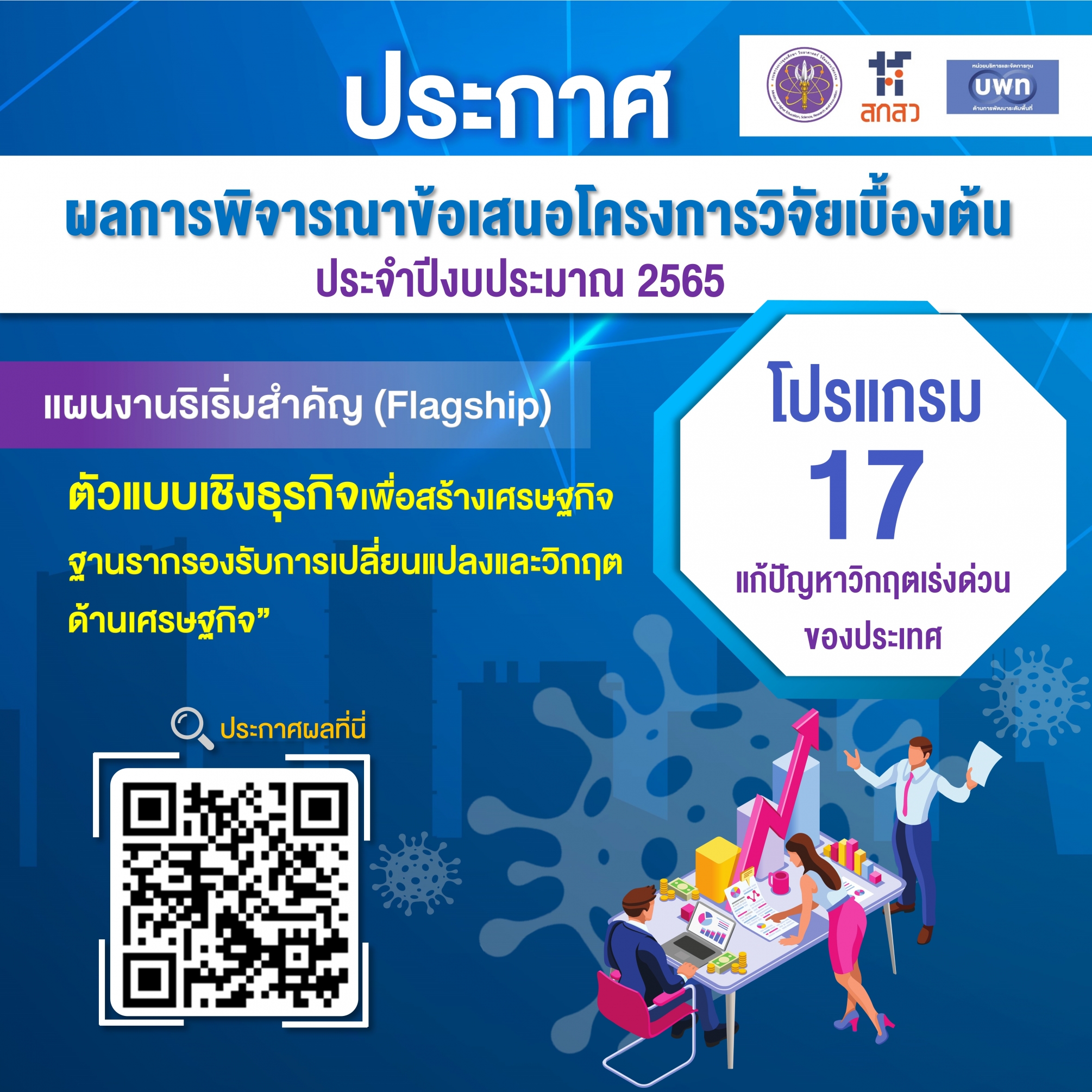 บพท. ประกาศผลการพิจารณาเบื้องต้นข้อเสนอโครงการวิจัย ภายใต้แผนงานริเริ่มสำคัญ (Flagship)  “ตัวแบบเชิงธุรกิจเพื่อสร้างเศรษฐกิจฐานรากรองรับการเปลี่ยนแปลงและวิกฤตด้านเศรษฐกิจ” ประจำปีงบประมาณ 2565