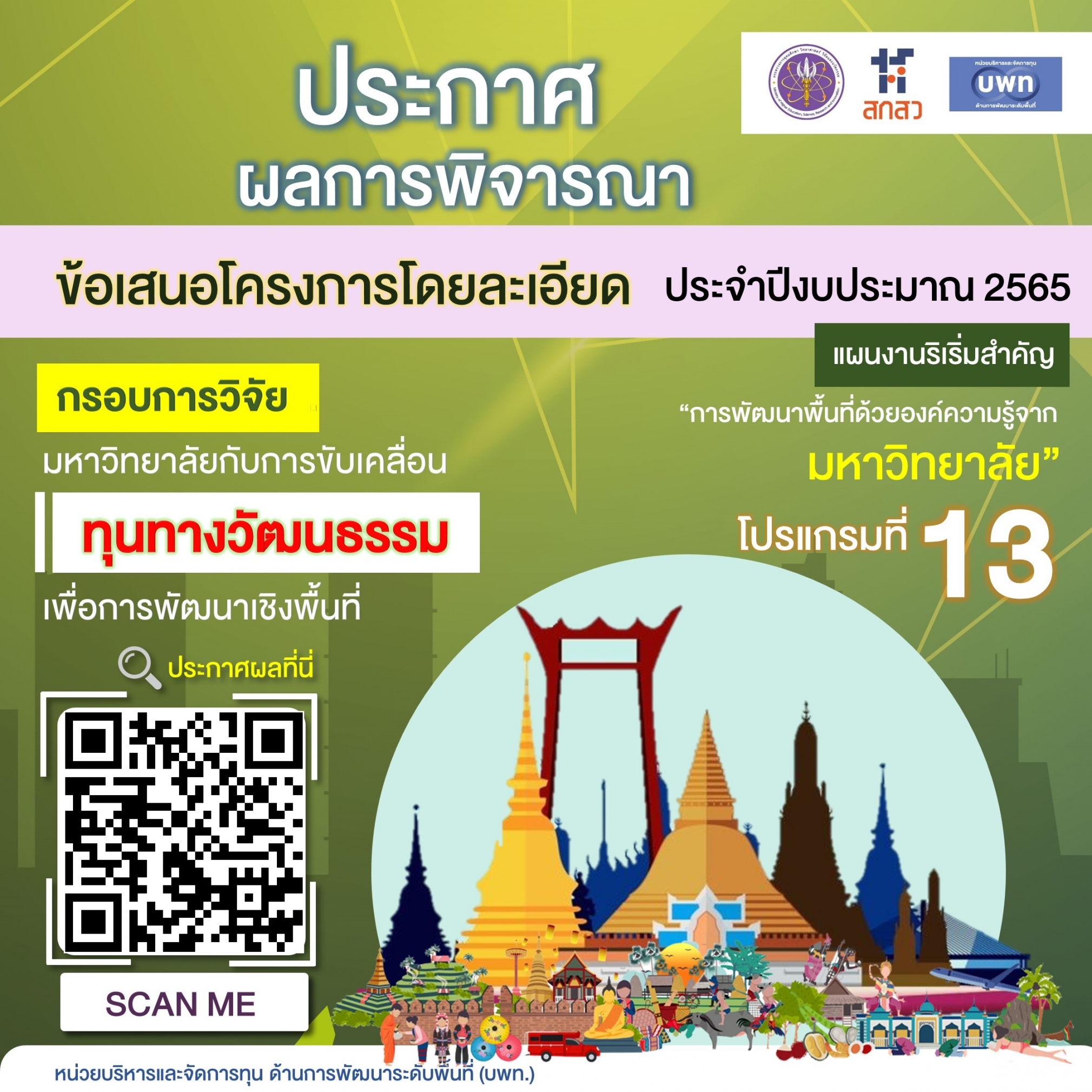 บพท. ประกาศผลการพิจารณาข้อเสนอโครงการวิจัยโดยละเอียด กรอบการวิจัย “มหาวิทยาลัยกับการขับเคลื่อนทุนทางวัฒนธรรมเพื่อการพัฒนาเชิงพื้นที่” ภายใต้แผนงานริเริ่มสำคัญ “การพัฒนาพื้นที่ด้วยองค์ความรู้จากมหาวิทยาลัย”ประจำปี 2565