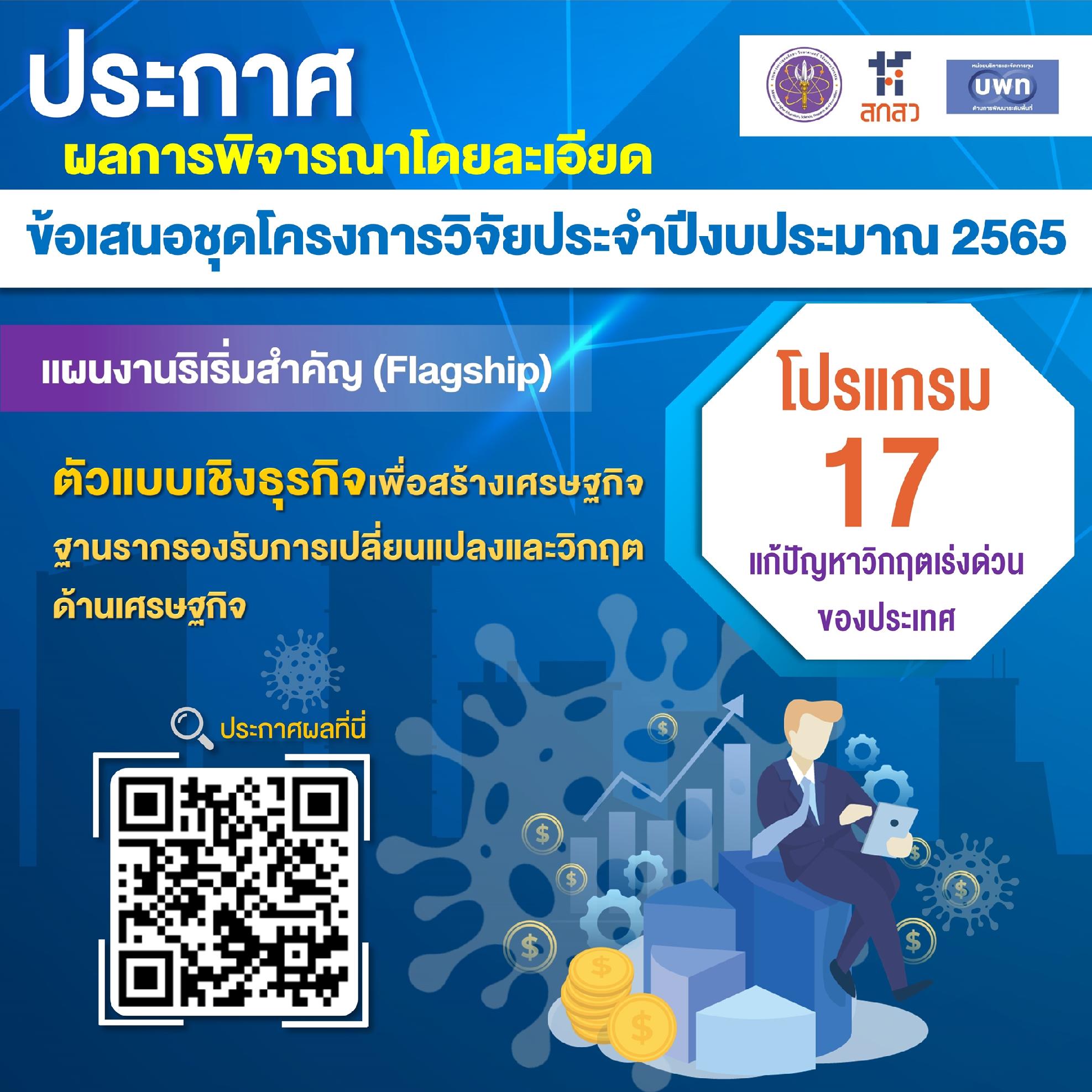 บพท. ประกาศผลการพิจารณาข้อเสนอชุดโครงการวิจัยโดยละเอียด แผนงานริเริ่มสำคัญ (Flagship) ประจำปีงบประมาณ 2565 “ตัวแบบเชิงธุรกิจเพื่อสร้างเศรษฐกิจฐานรากรองรับการเปลี่ยนแปลงและวิกฤตด้านเศรษฐกิจ” ภายใต้โปรแกรมที่ 17 แก้ปัญหาวิกฤตเร่งด่วนของประเทศ