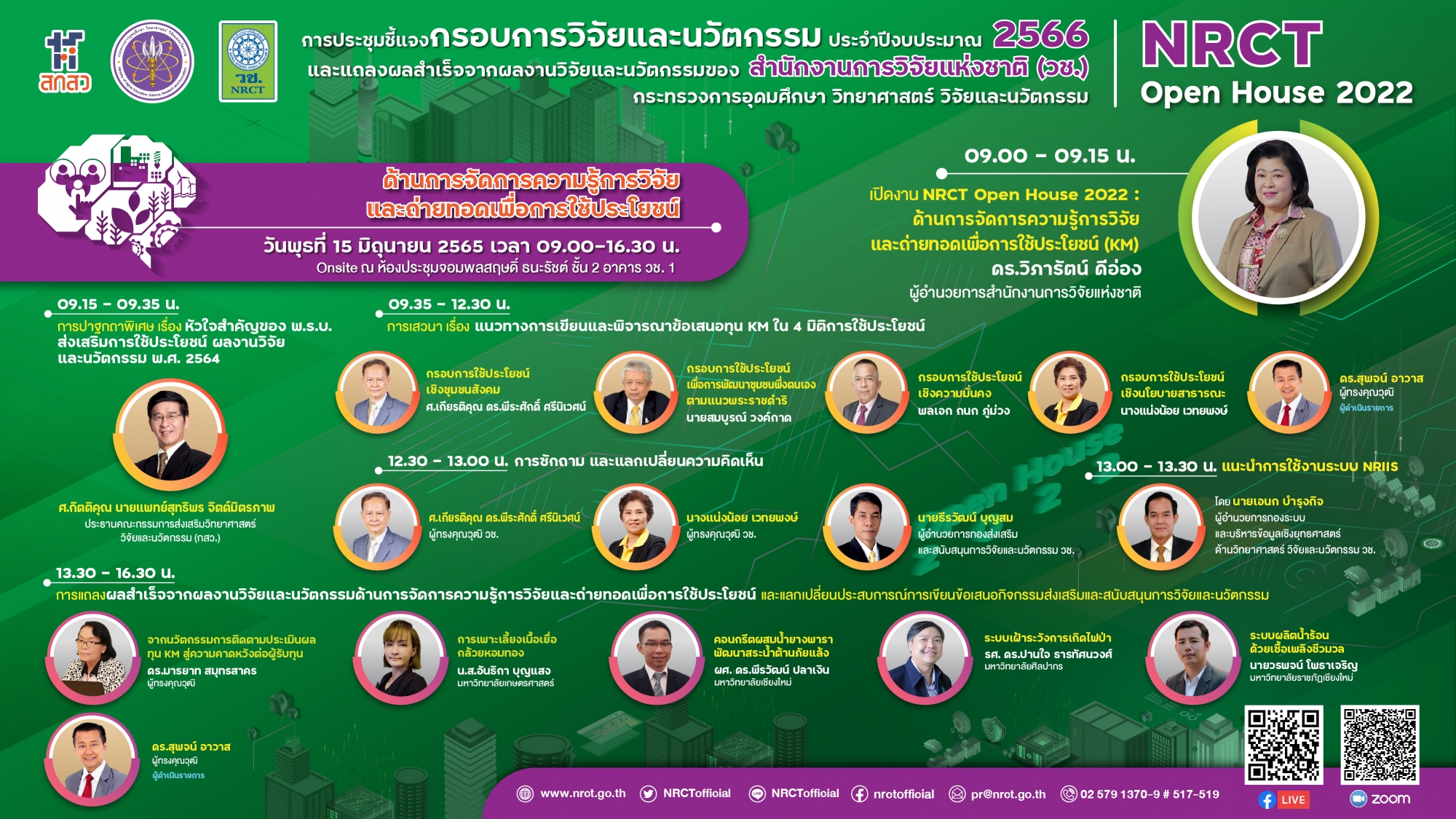 การชี้แจงกรอบการวิจัยและนวัตกรรม ประจำปีงบประมาณ 2566 และการแถลงผลสำเร็จจากการวิจัยและนวัตกรรมของสำนักงานการวิจัยแห่งชาติ (วช.) NRCT Open House 2022 ด้านการจัดการความรู้การวิจัยและถ่ายทอดเพื่อการใช้ประโยชน์ วันที่ 15 มิถุนายน 2565