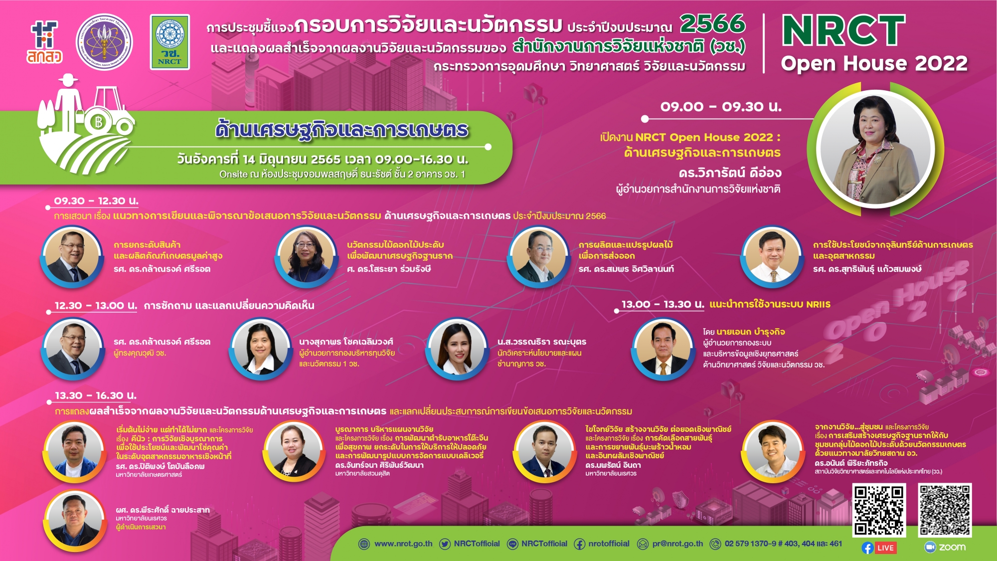 การชี้แจงกรอบการวิจัยและนวัตกรรม ประจำปีงบประมาณ 2566 และการแถลงผลสำเร็จจากการวิจัยและนวัตกรรมของสำนักงานการวิจัยแห่งชาติ (วช.) NRCT Open House 2022 ด้านเศรษฐกิจและการเกษตร วันที่ 14 มิถุนายน 2565
