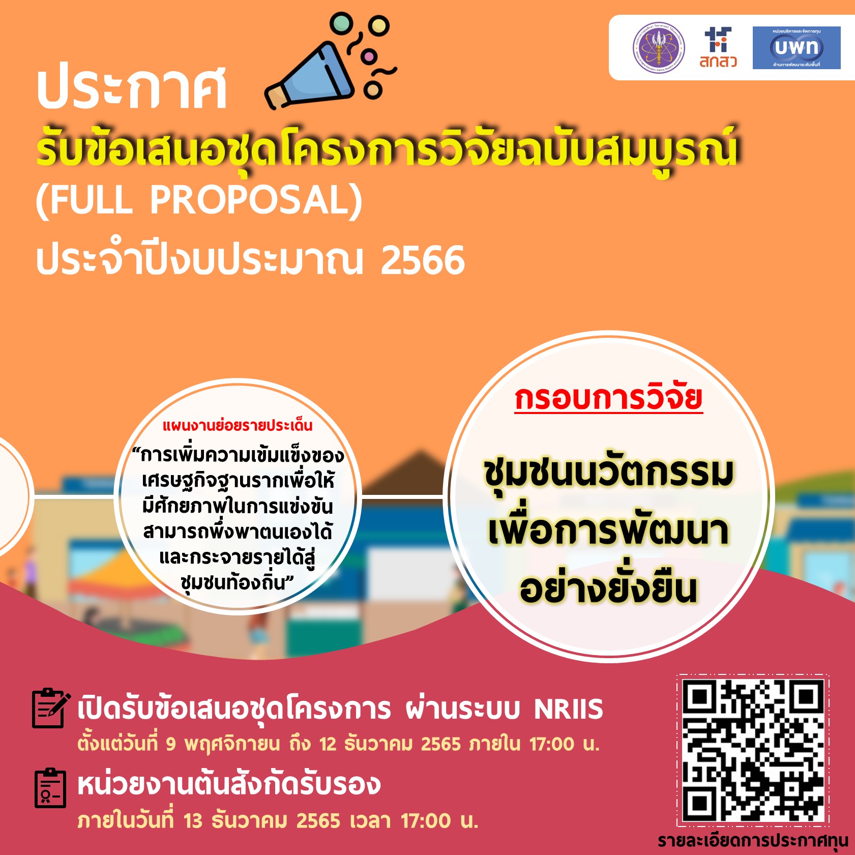 บพท. ประกาศรับข้อเสนอชุดโครงการวิจัย (Full Proposal) ภายใต้กรอบการวิจัย “ชุมชนนวัตกรรมเพื่อการพัฒนาอย่างยั่งยืน” ประจำปีงบประมาณ 2566