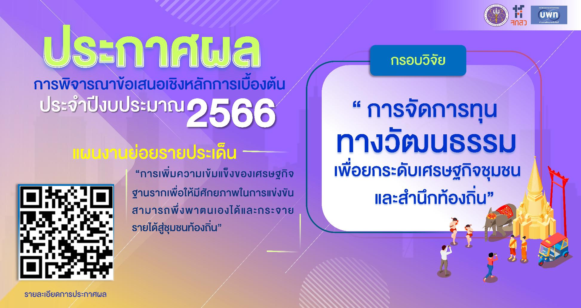 ผลการพิจารณาเบื้องต้นข้อเสนอเชิงหลักการ กรอบการวิจัย “การจัดการทุนทางวัฒนธรรมเพื่อยกระดับเศรษฐกิจชุมชนและสำนึกท้องถิ่น” ปีงบประมาณ 2566