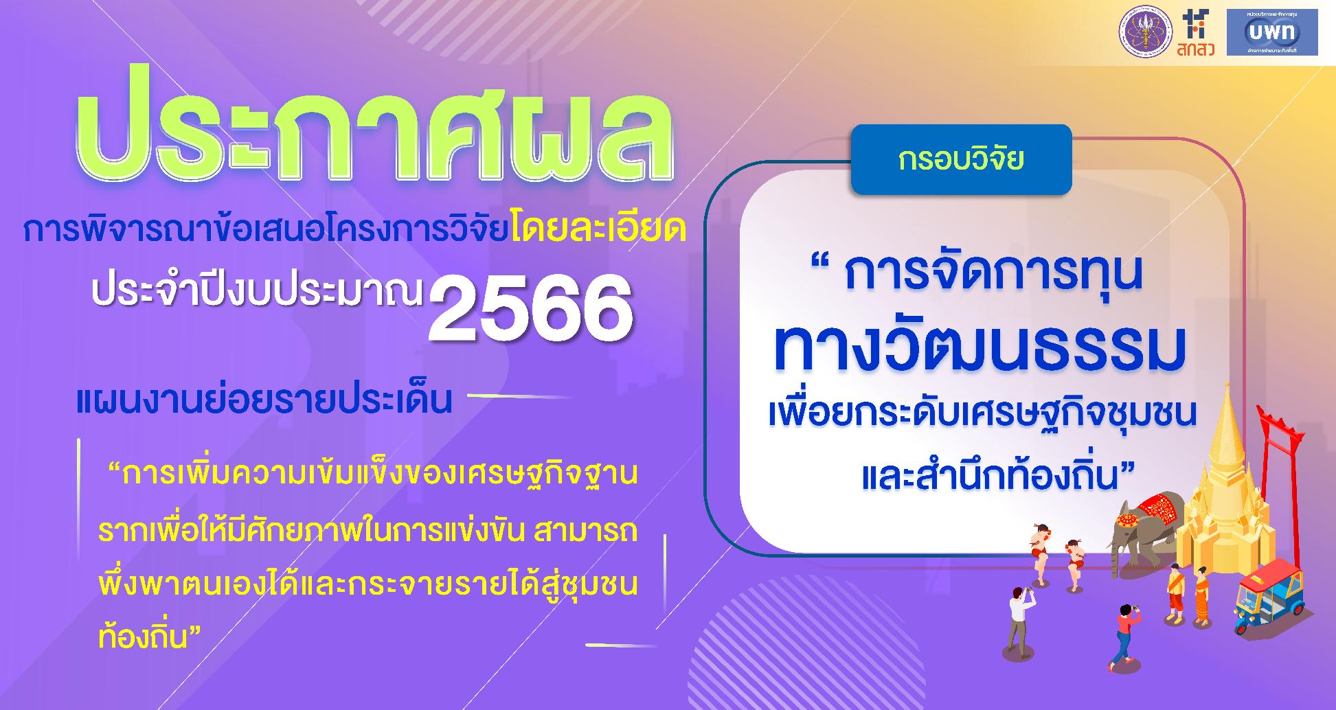 บพท. ประกาศผลการพิจารณาข้อเสนอโครงการวิจัยโดยละเอียด ภายใต้กรอบการวิจัย “การจัดการทุนทางวัฒนธรรมเพื่อยกระดับเศรษฐกิจชุมชนและสำนึกท้องถิ่น” ประจำปีงบประมาณ 2566