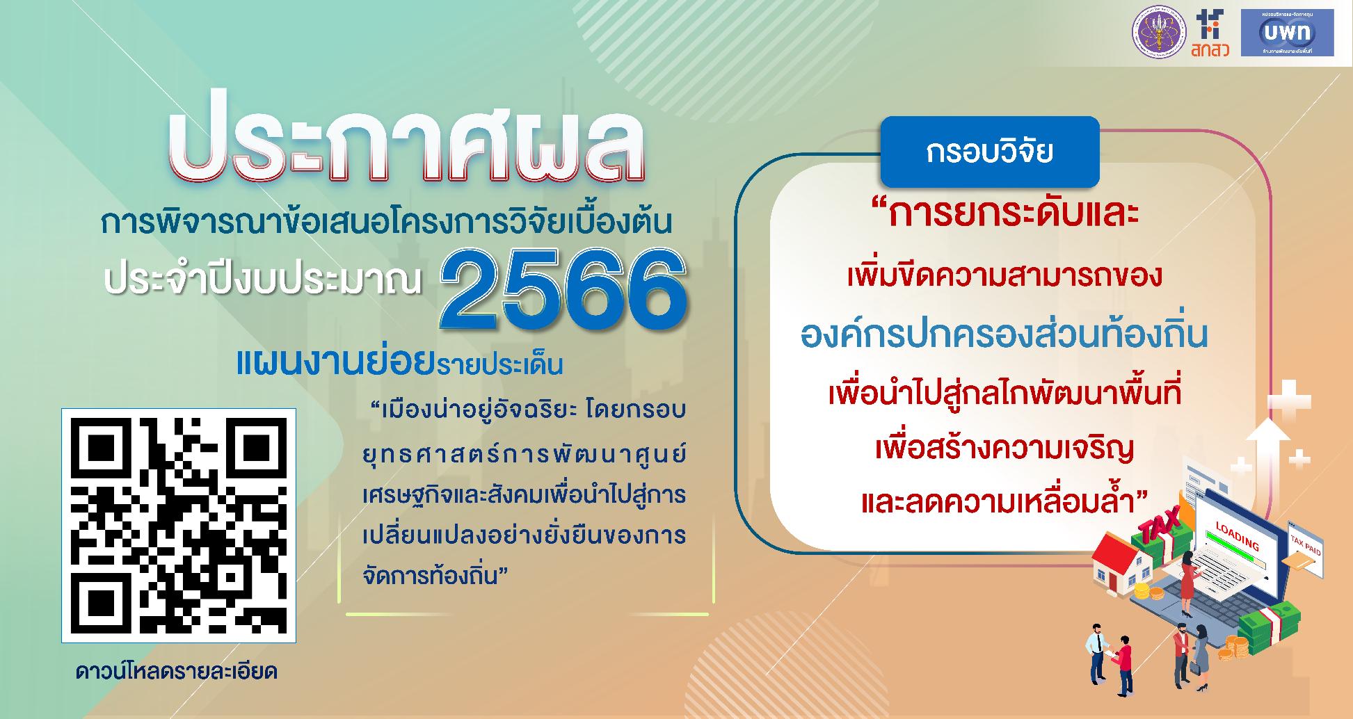 บพท. ประกาศผลการพิจารณาข้อเสนอโครงการเบื้องต้น ภายใต้กรอบการวิจัย “การยกระดับและเพิ่มขีดความสามารถขององค์กรปกครองส่วนท้องถิ่นเพื่อนำไปสู่กลไกพัฒนาพื้นที่เพื่อสร้างความเจริญและลดความเหลื่อมล้ำ” ประจำปีงบประมาณ 2566