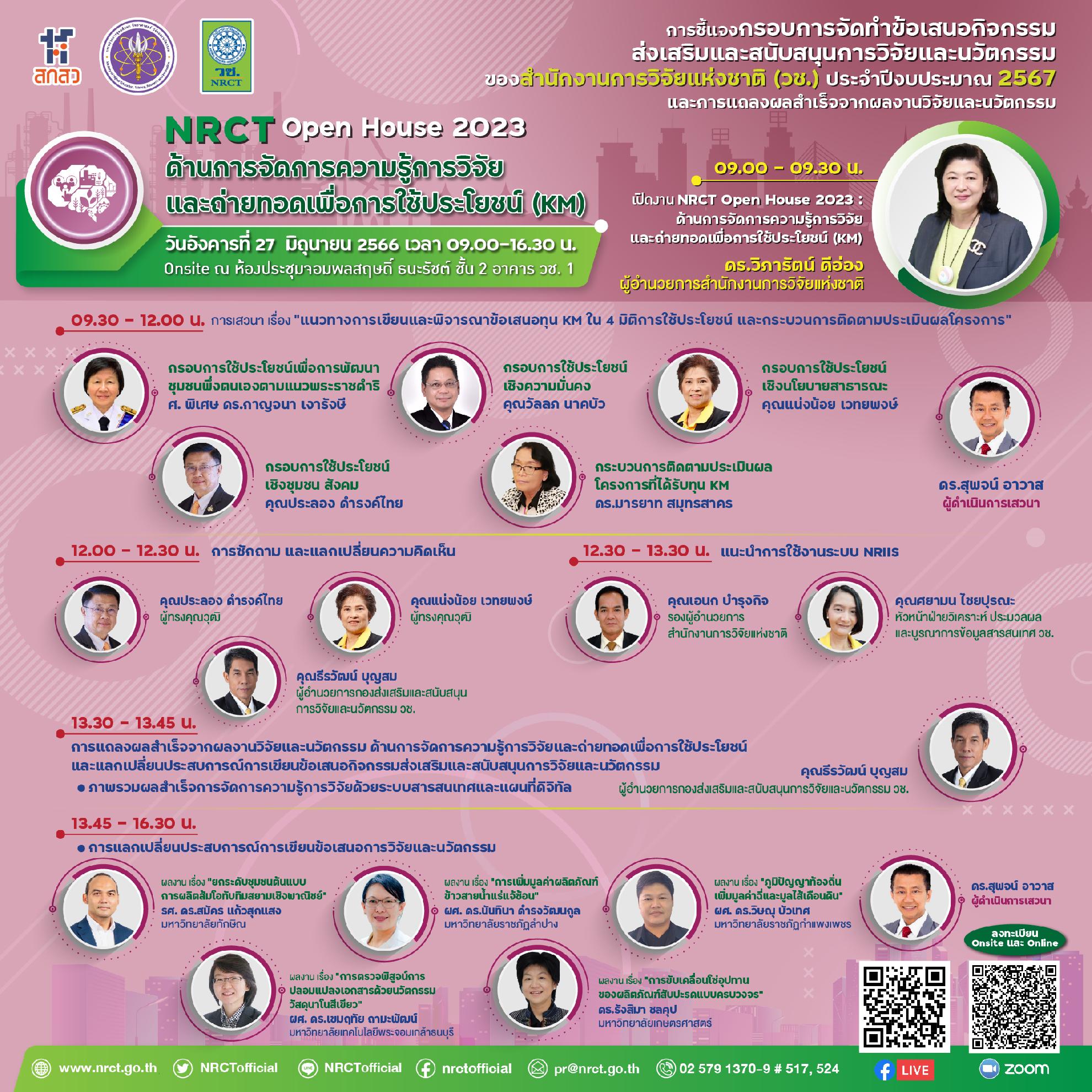 วช. เปิดชี้แจงกรอบการวิจัยและนวัตกรรม ประจำปีงบประมาณ 2567 และการแถลงผลสำเร็จจากการวิจัยและนวัตกรรมของสำนักงานการวิจัยแห่งชาติ (วช.) NRCT Open House 2023 ด้านการจัดการความรู้การวิจัยและถ่ายทอดเพื่อการใช้ประโยชน์ (KM) วันที่ 27 มิถุนายน 2566