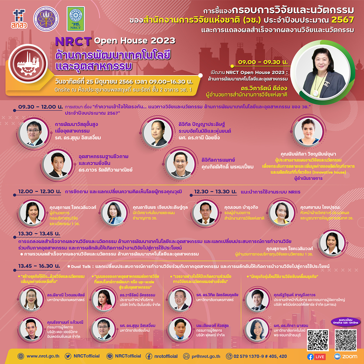 วช. เปิดชี้แจงกรอบการวิจัยและนวัตกรรม ประจำปีงบประมาณ 2567 และการแถลงผลสำเร็จจากการวิจัยและนวัตกรรมของสำนักงานการวิจัยแห่งชาติ (วช.) NRCT Open House 2023 ด้านการพัฒนาเทคโนโลยีและอุตสาหกรรม วันที่ 25 มิถุนายน 2566