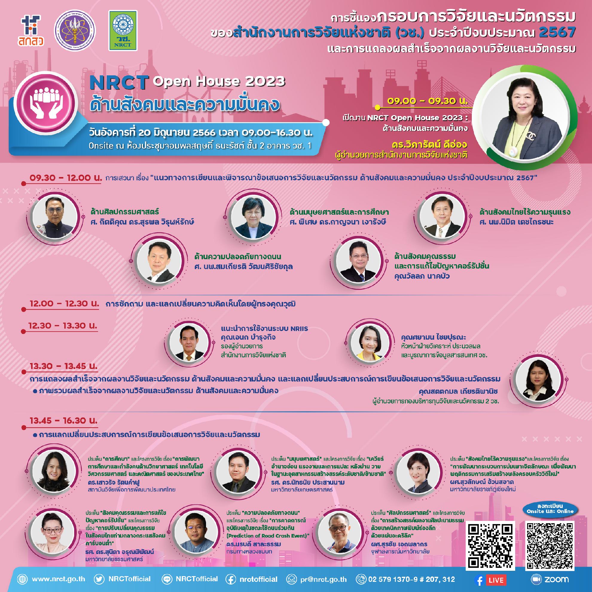 วช. เปิดชี้แจงกรอบการวิจัยและนวัตกรรม ประจำปีงบประมาณ 2567 และการแถลงผลสำเร็จจากการวิจัยและนวัตกรรมของสำนักงานการวิจัยแห่งชาติ (วช.) NRCT Open House 2023 ด้านสังคมและความมั่นคง วันที่ 20 มิถุนายน 2566