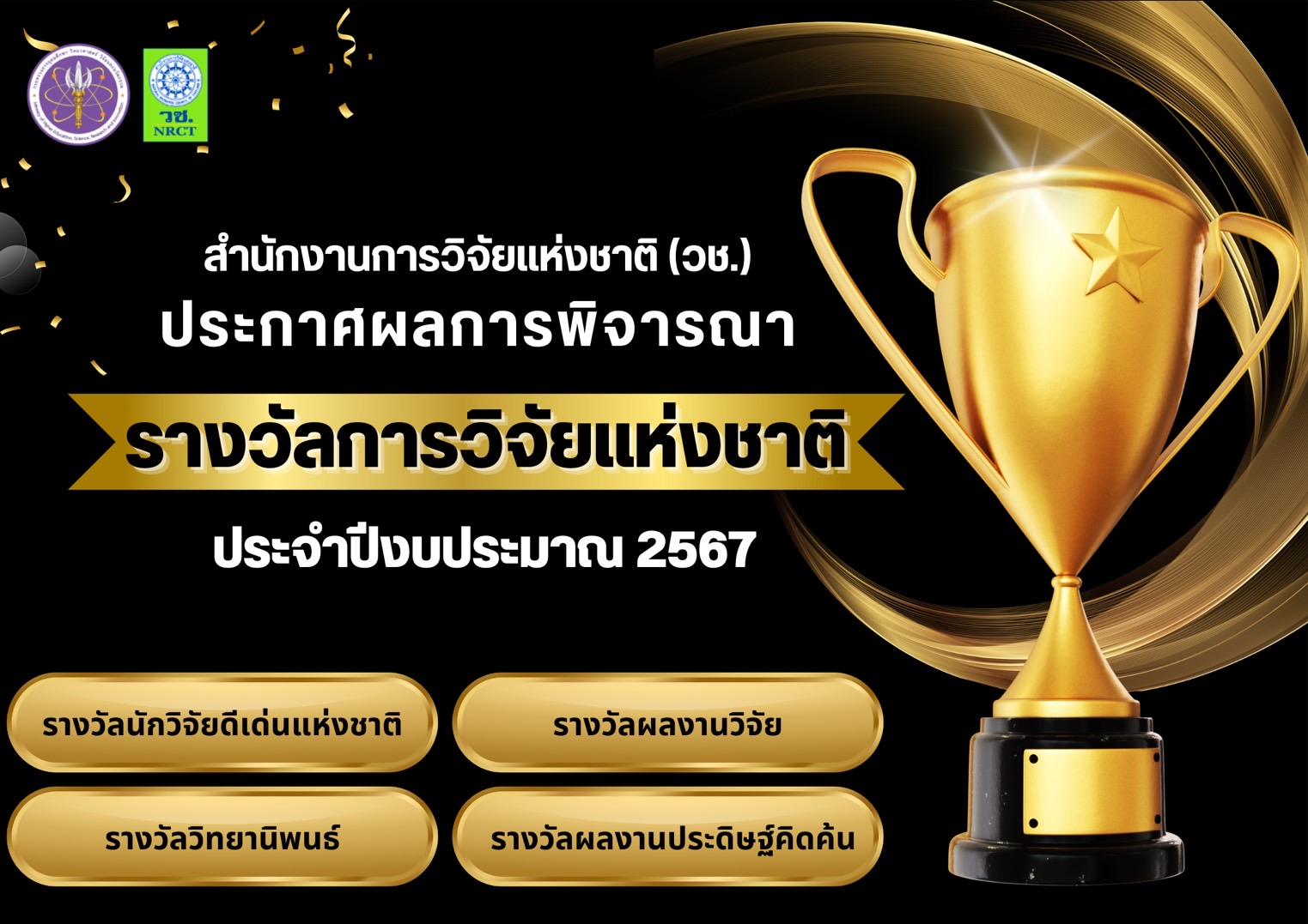 ประกาศผลการพิจารณารางวัลการวิจัยแห่งชาติ ประจำปีงบประมาณ 2567