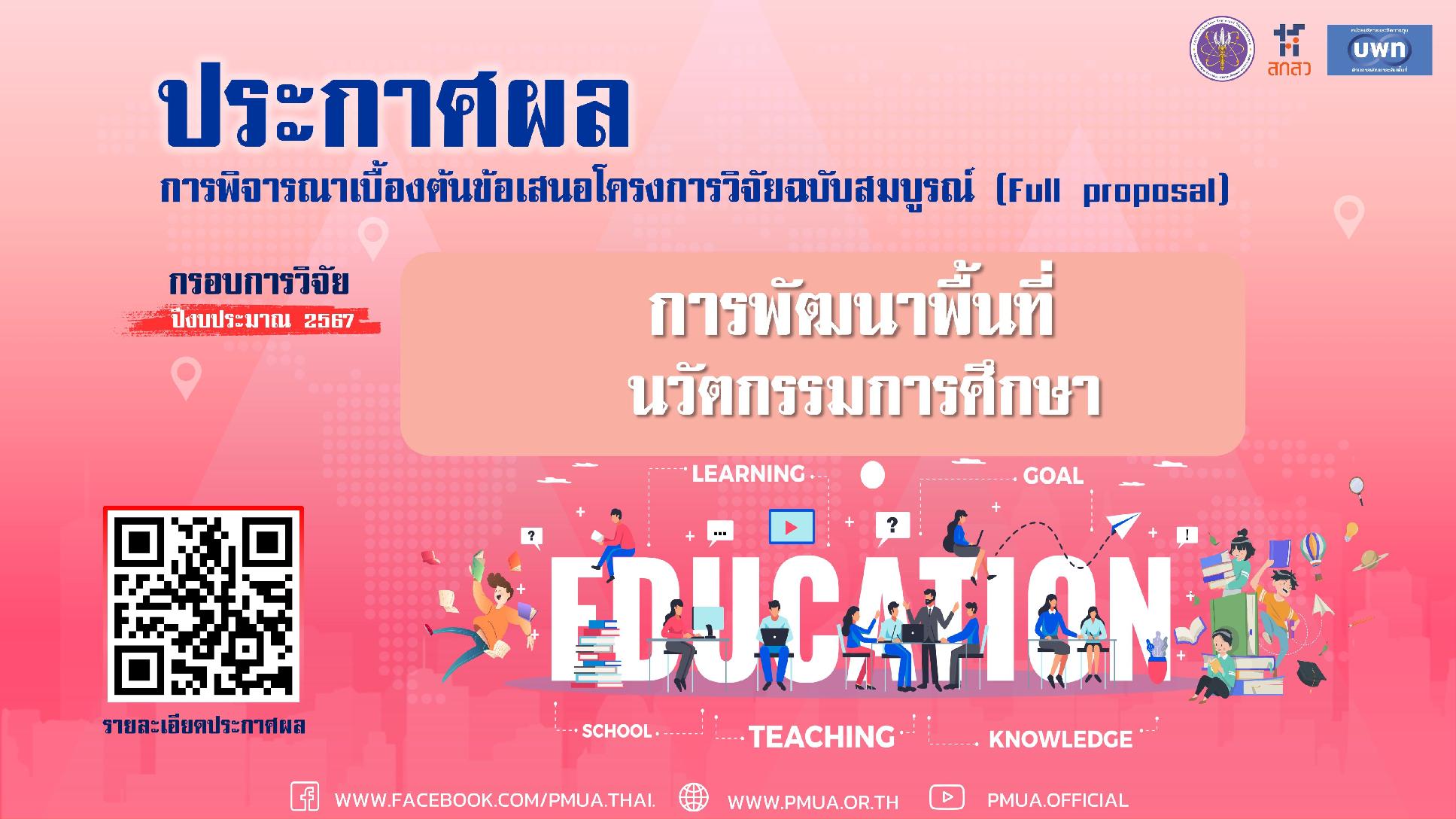 บพท. ประกาศผลการพิจารณาเบื้องต้นข้อเสนอชุดโครงการวิจัยฉบับสมบูรณ์ กรอบการวิจัย “การพัฒนาพื้นที่นวัตกรรมการศึกษา” ประจำปีงบประมาณ 2567