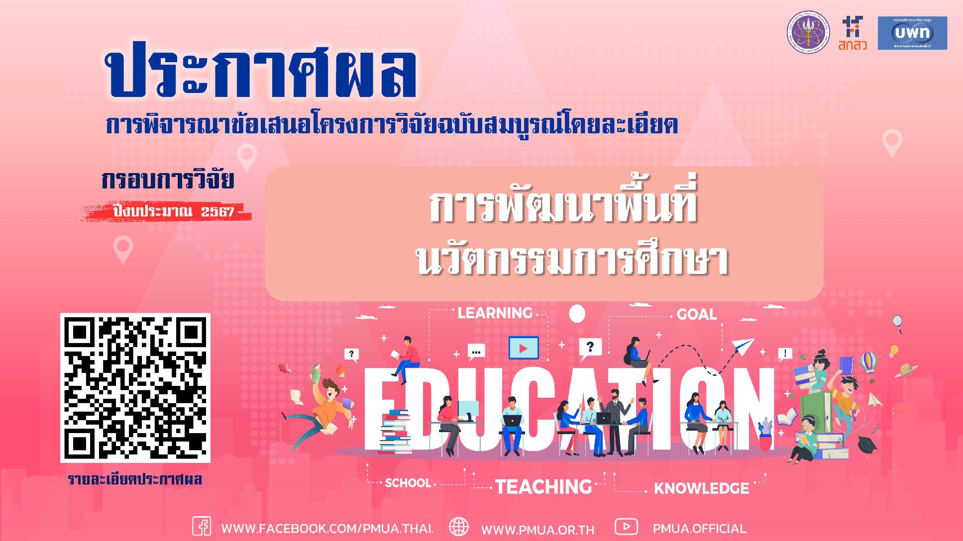 บพท. ประกาศผลการพิจารณาข้อเสนอชุดโครงการวิจัยฉบับสมบูรณ์โดยละเอียด กรอบการวิจัย “การพัฒนาพื้นที่นวัตกรรมการศึกษา”  ประจำปีงบประมาณ 2567