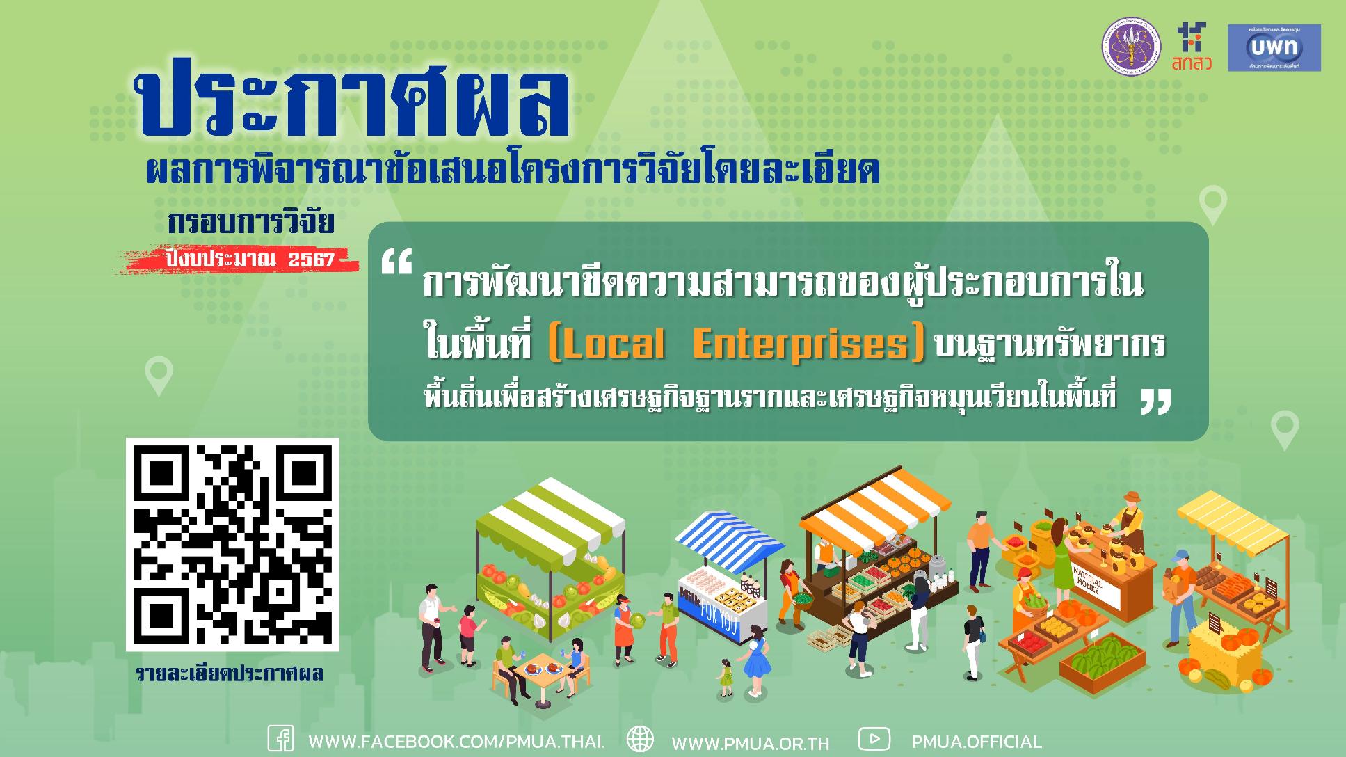 บพท.ประกาศผลการพิจารณาข้อเสนอโครงการวิจัยโดยละเอียด กรอบการวิจัย Local Enterprises ประจำปีงบประมาณ 2567