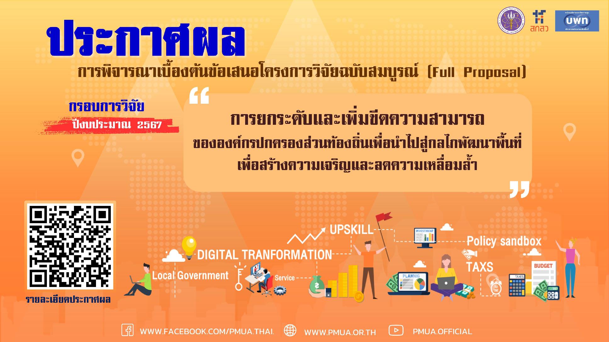 บพท.ประกาศผลการพิจารณาข้อเสนอโครงการวิจัยฉบับสมบูรณ์ (Full proposal) กรอบการวิจัย "การยกระดับและเพิ่มขีดความสามารถขององค์กรปกครองส่วนท้องถิ่นเพื่อนำไปสู่กลไกพัฒนาพื้นที่เพื่อสร้างความเจริญและลดความเหลื่อมล้ำ" ประจำปีงบประมาณ 2567