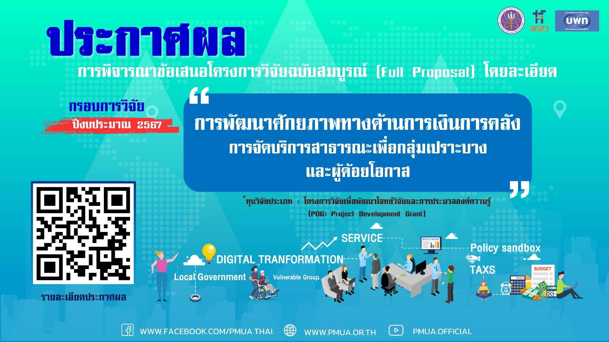 บพท.ประกาศผลการพิจารณาข้อเสนอโครงการวิจัยโดยละเอียด กรอบการวิจัย "การพัฒนาศักยภาพทางด้านการเงินการคลัง การจัดการสาธารณะเพื่อกลุ่มเปาะบางและผู้ด้อยโอกาส" ประจำปีงบประมาณ 2567