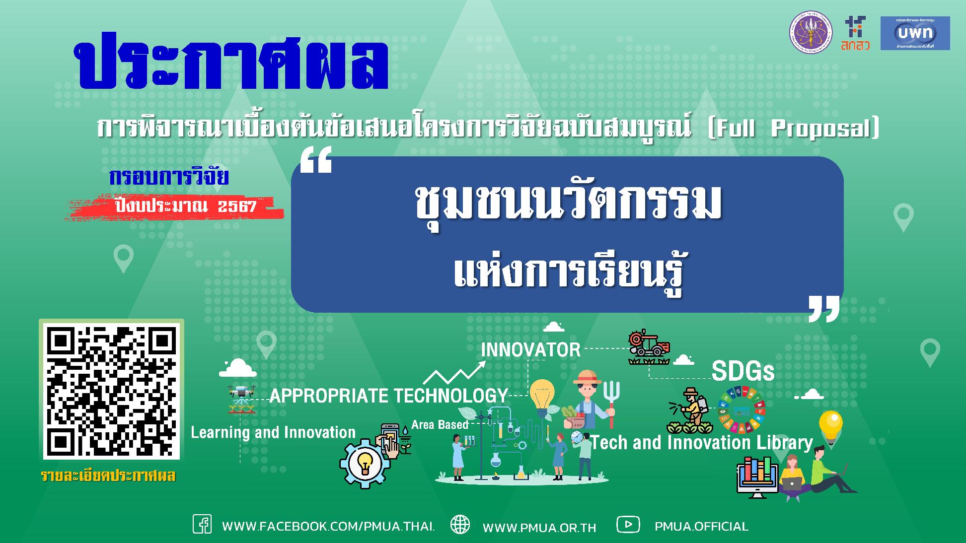 ประกาศผลการพิจารณาเบื้องต้นข้อเสนอชุดโครงการวิจัยฉบับสมบูรณ์ (Full proposal)  กรอบวิจัย “ชุมชนนวัตกรรมแห่งการเรียนรู้” ประจำปีงบประมาณ 2567