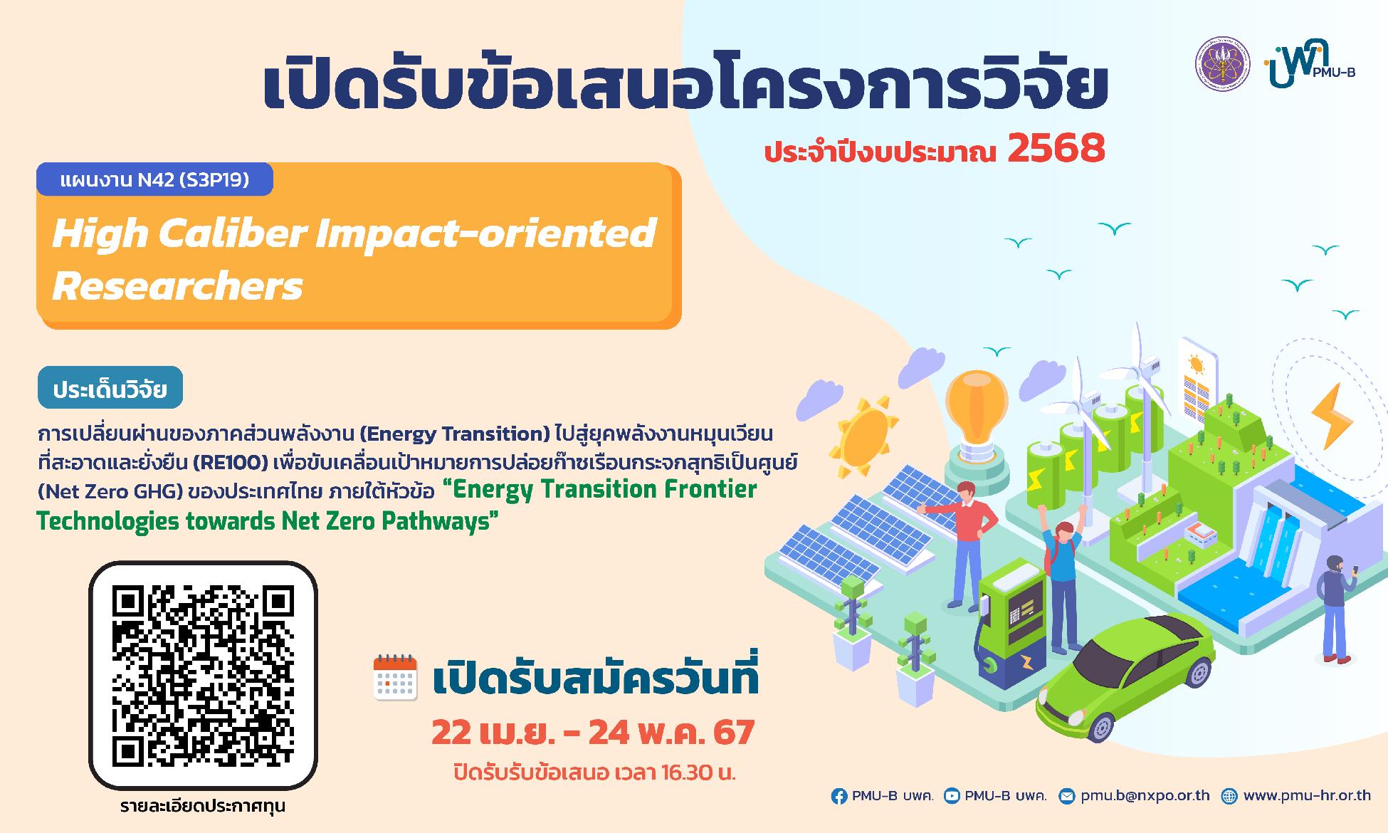 เปิดรับข้อเสนอโครงการวิจัย “High Caliber Impact-oriented Researchers” ประจำปีงบประมาณ 2568