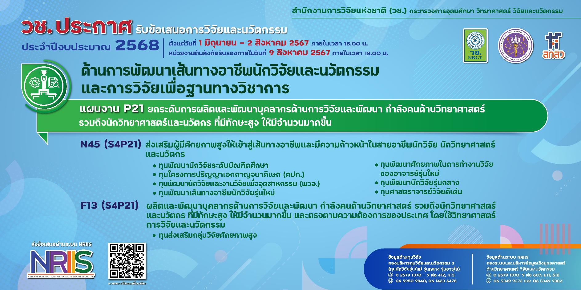 วช. ประกาศรับข้อเสนอการวิจัยและนวัตกรรม ประจำปีงบประมาณ 2568 (ด้านการพัฒนาเส้นทางอาชีพนักวิจัยและนวัตกรรม และการวิจัยเพื่อฐานทางวิชาการ)