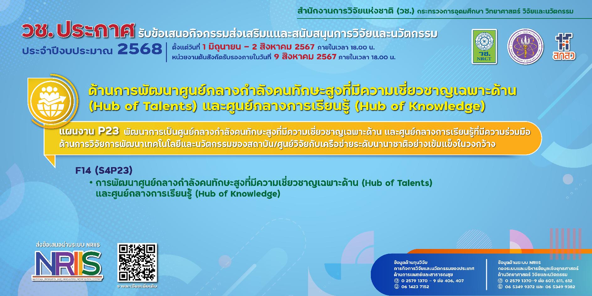วช. ประกาศรับข้อเสนอการวิจัยและนวัตกรรม ประจำปีงบประมาณ 2568 (ด้านการพัฒนาศูนย์กลางกำลังคนทักษะสูงที่มีความเชี่ยวชาญเฉพาะด้าน (Hub of Talents)   และศูนย์กลางการเรียนรู้ (Hub of Knowledge))