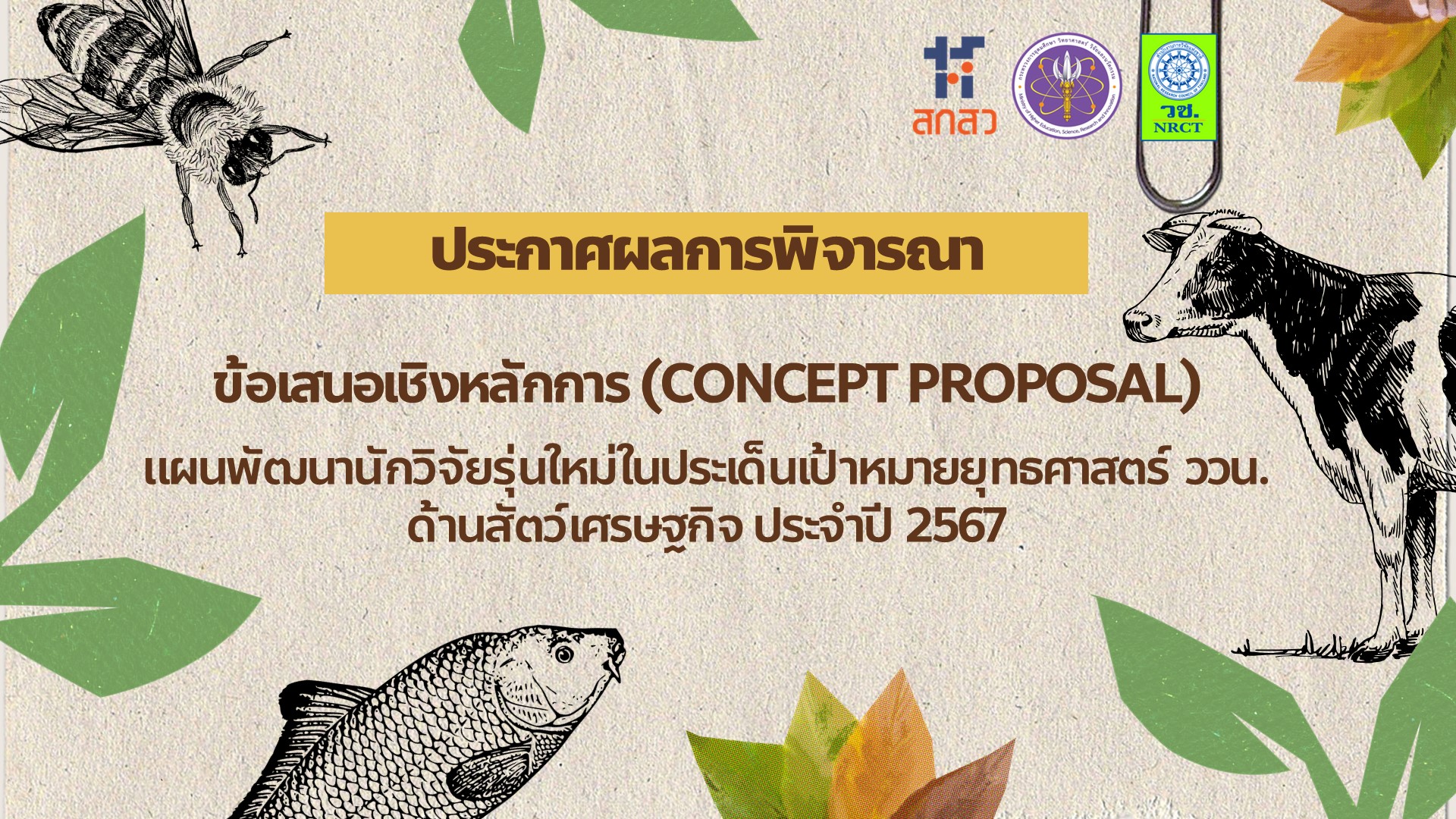 ประกาศผลการพิจารณาข้อเสนอเชิงหลักการ (concept proposal)  แผนพัฒนานักวิจัยรุ่นใหม่ในประเด็นเป้าหมายยุทธศาสตร์ ววน. ด้านสัตว์เศรษฐกิจ  ประจำปี 2567