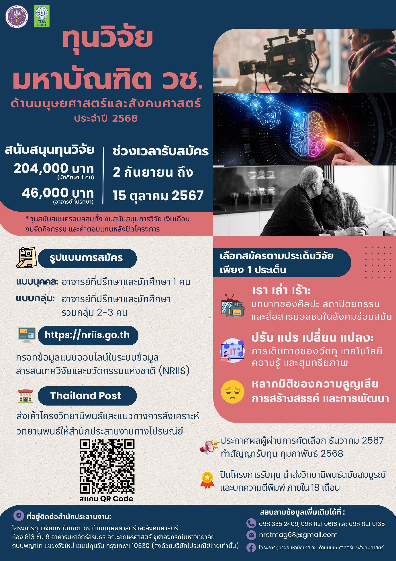 ประกาศรับข้อเสนอโครงการทุนวิจัยมหาบัณฑิต วช. ด้านมนุษยศาสตร์และสังคมศาสตร์ ประจำปีงบประมาณ 2568