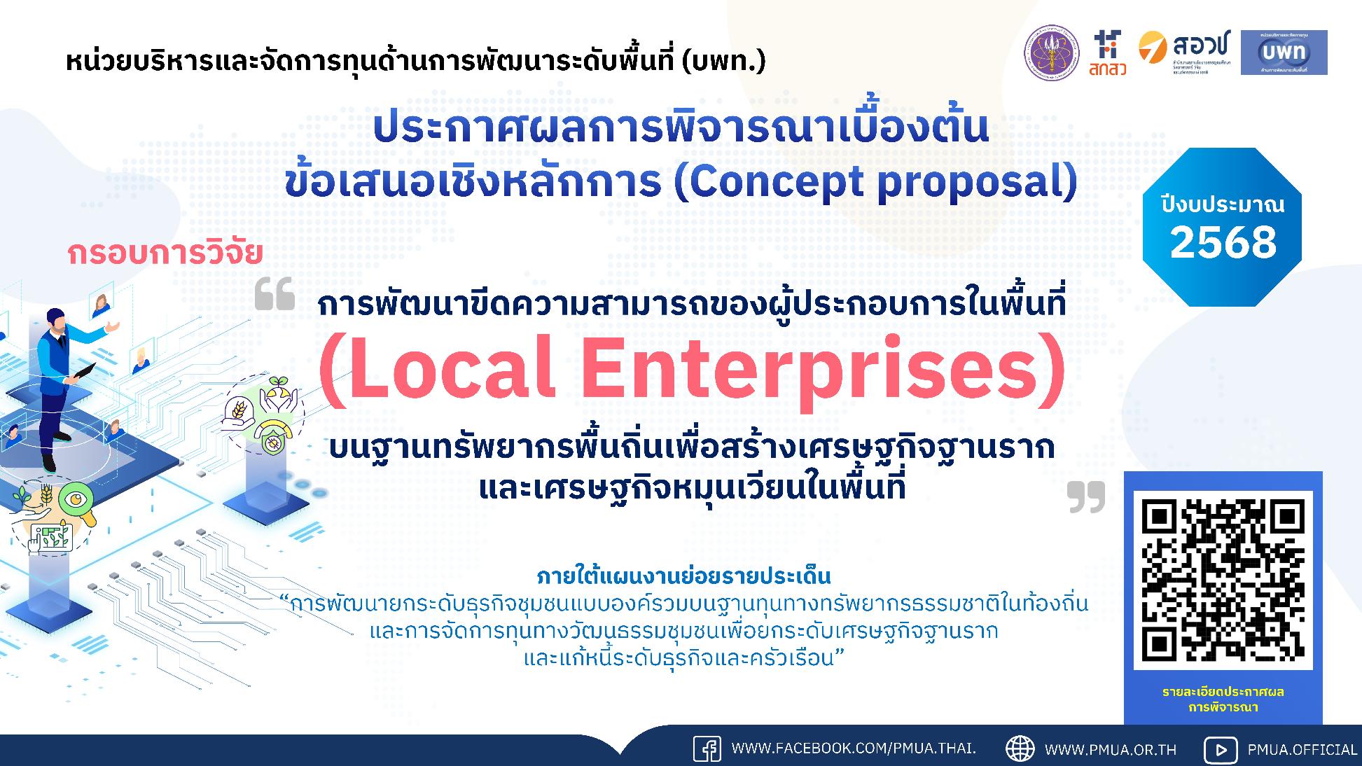 บพท. ประกาศผลการพิจารณาเบื้องต้นข้อเสนอเชิงหลักการ (Concept proposal) กรอบการวิจัย “Local Enterprises” ประจำปี 2568