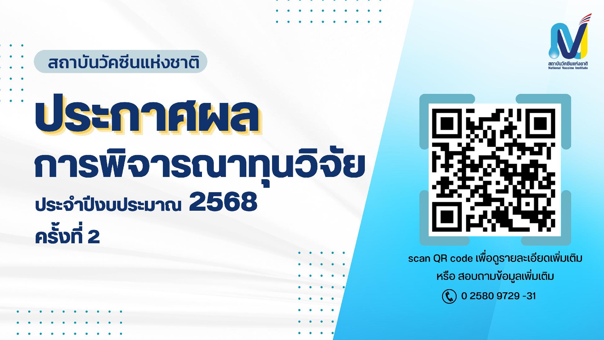 ประกาศผลการพิจารณาทุนวิจัย ประจำปีงบประมาณ 2568 ครั้งที่ 2