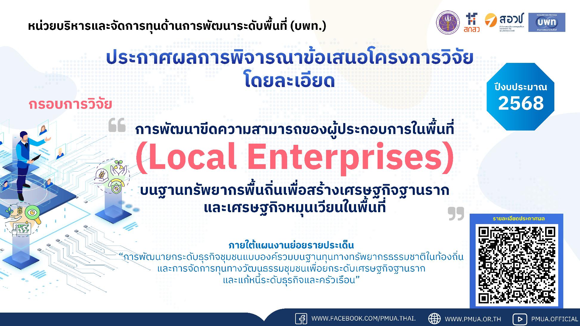 บพท.ประกาศผลการพิจารณาข้อเสนอโครงการวิจัยโดยละเอียด กรอบการวิจัย Local Enterprises ประจำปีงบประมาณ 2568