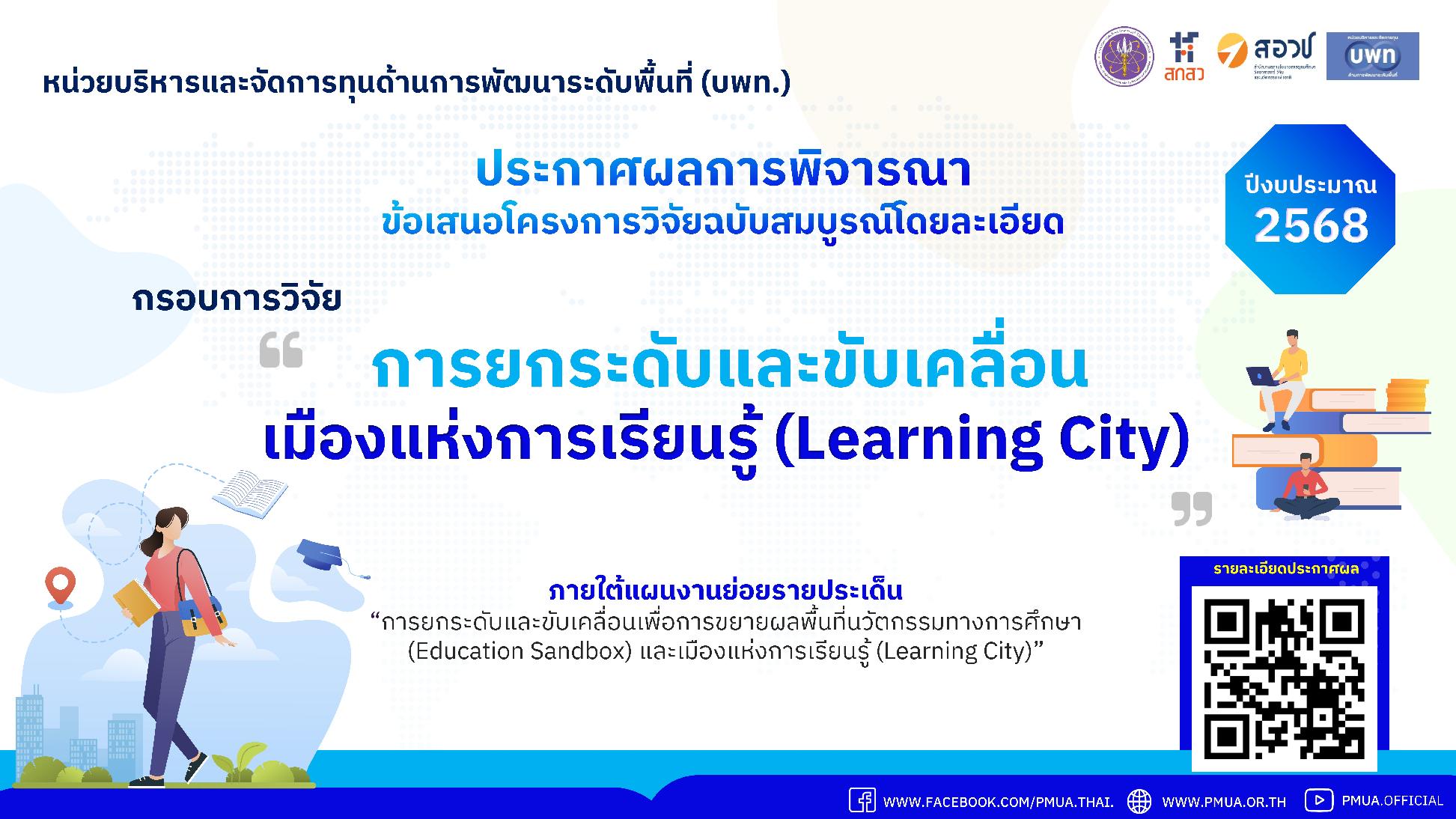 บพท.ประกาศผลการพิจารณาข้อเสนอโครงการวิจัยโดยละเอียด กรอบการวิจัย “การยกระดับและขับเคลื่อนเมืองแห่งการเรียนรู้ (Learning City)” ภายใต้แผนงานย่อยรายประเด็น “พัฒนาพื้นที่นวัตกรรมการศึกษาและเมืองแห่งการเรียนรู้ (Learning City)” ประจำปีงบประมาณ 2568