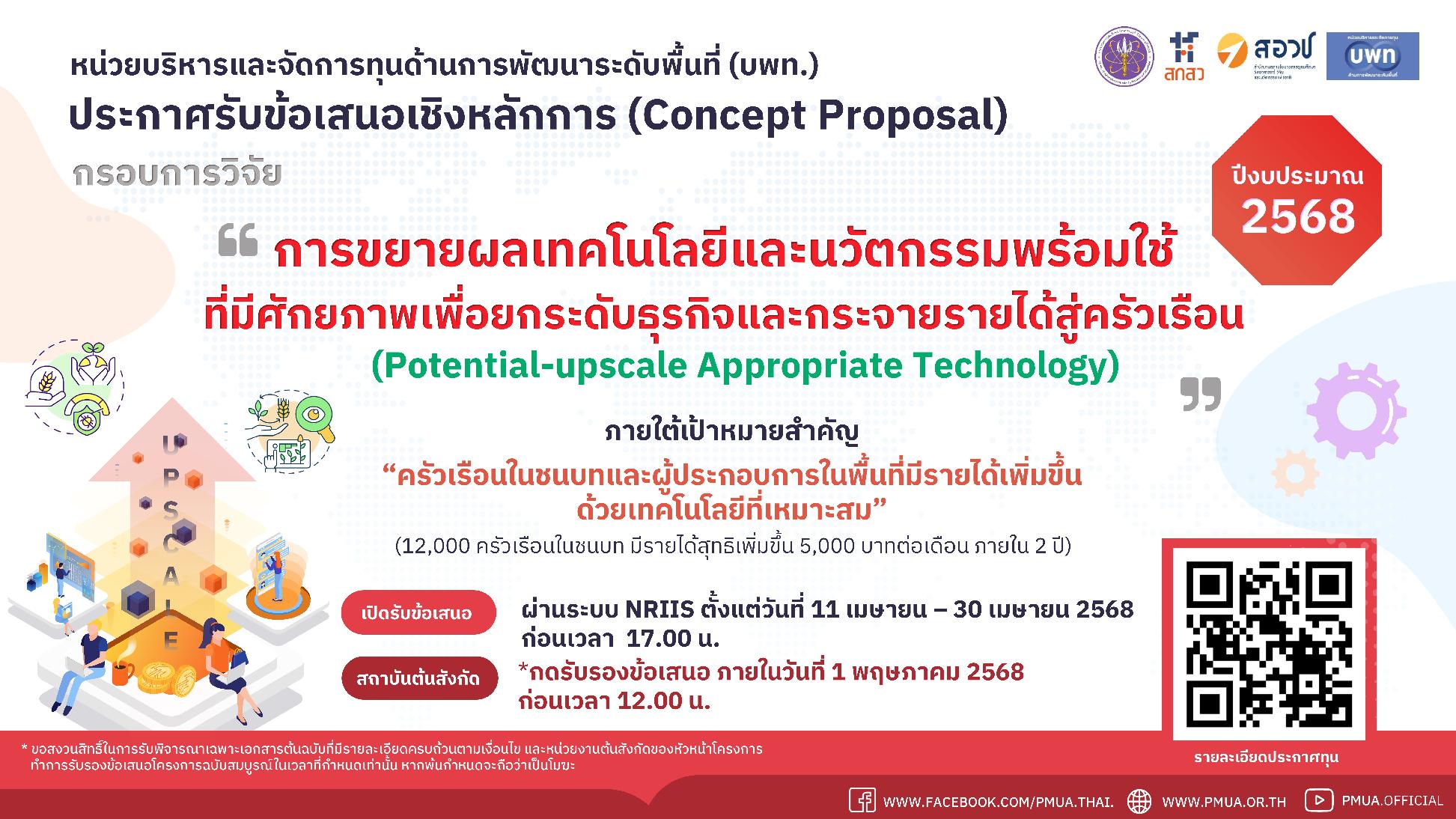 บพท.ประกาศรับข้อเสนอเชิงหลักการ (Concept Proposal) กรอบการวิจัย “การขยายผลเทคโนโลยีและนวัตกรรมพร้อมใช้ที่มีศักยภาพเพื่อยกระดับธุรกิจ และกระจายรายได้สู่ครัวเรือน (Potential-upscale Appropriate Technology)”  ปีงบประมาณ 2568