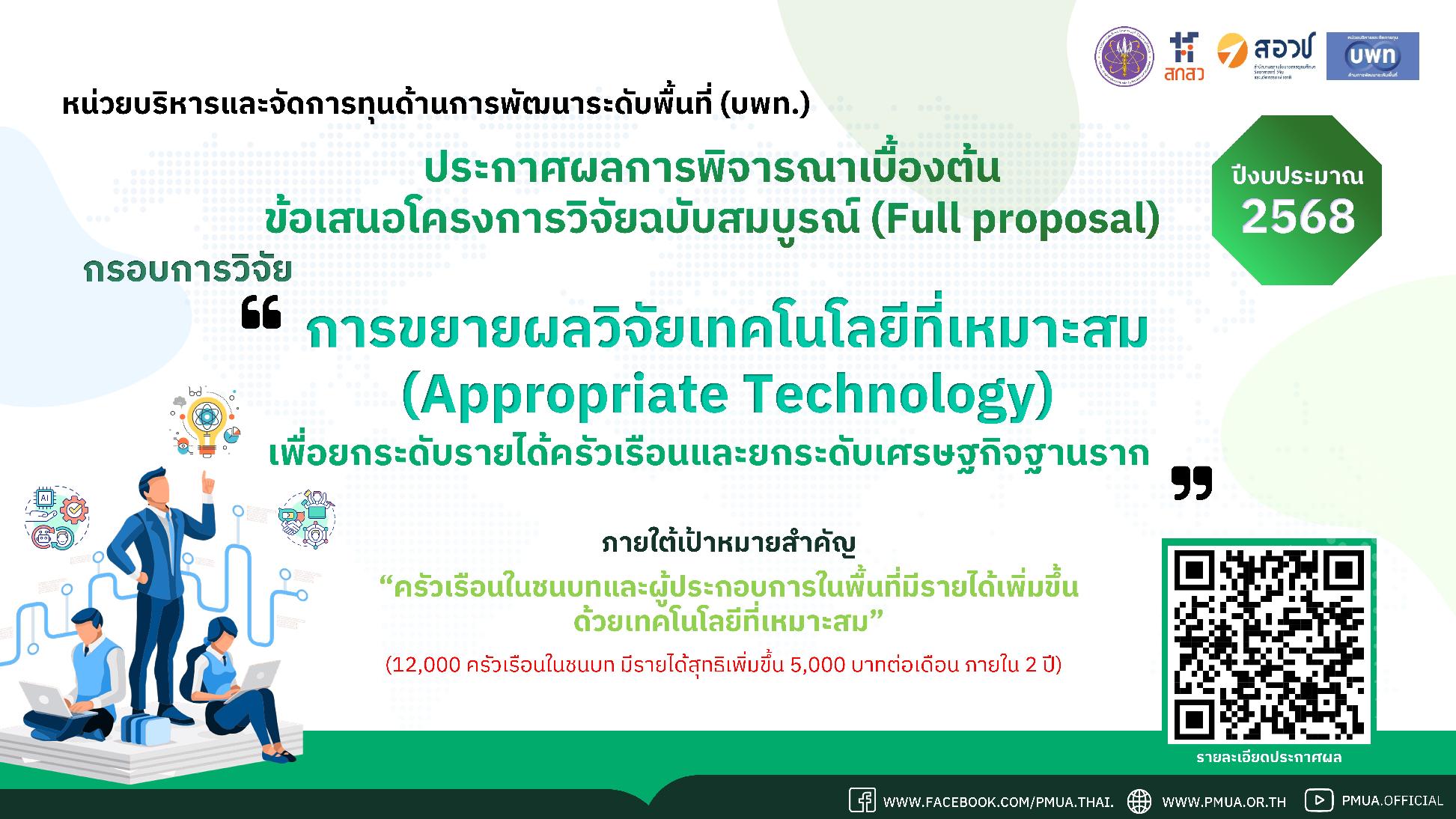 ประกาศผลการพิจารณาเบื้องต้นข้อเสนอโครงการวิจัยฉบับสมบูรณ์ กรอบการวิจัย การขยายผลวิจัยเทคโนโลยีที่เหมาะสม (Appropriate Technology)  เพื่อยกระดับรายได้ครัวเรือนและยกระดับเศรษฐกิจฐานราก ปีงบประมาณ 2568