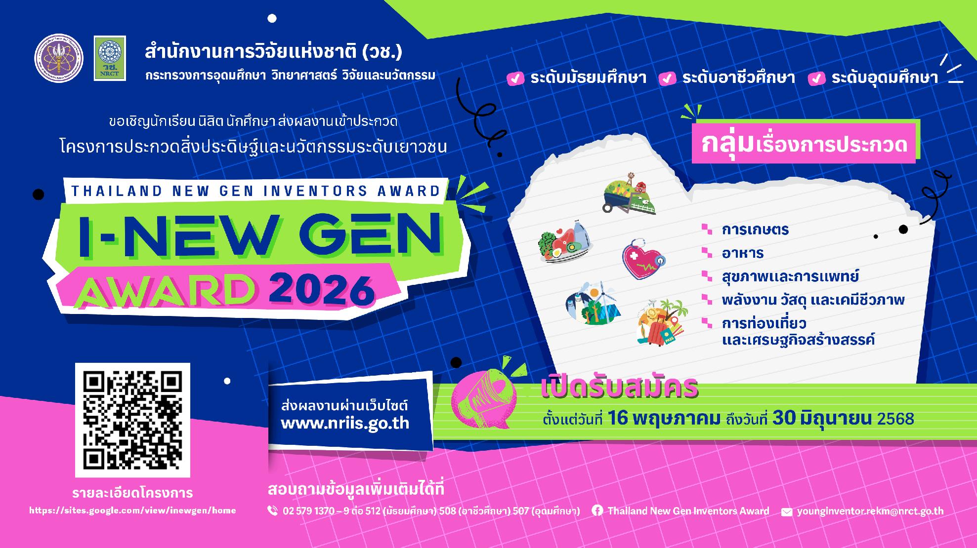 วช. ประกาศรับสมัครผลงานเข้าร่วม โครงการประกวดสิ่งประดิษฐ์และนวัตกรรมระดับเยาวชน “Thailand New Gen Inventors Award 2026” (I – New Gen Award 2026)