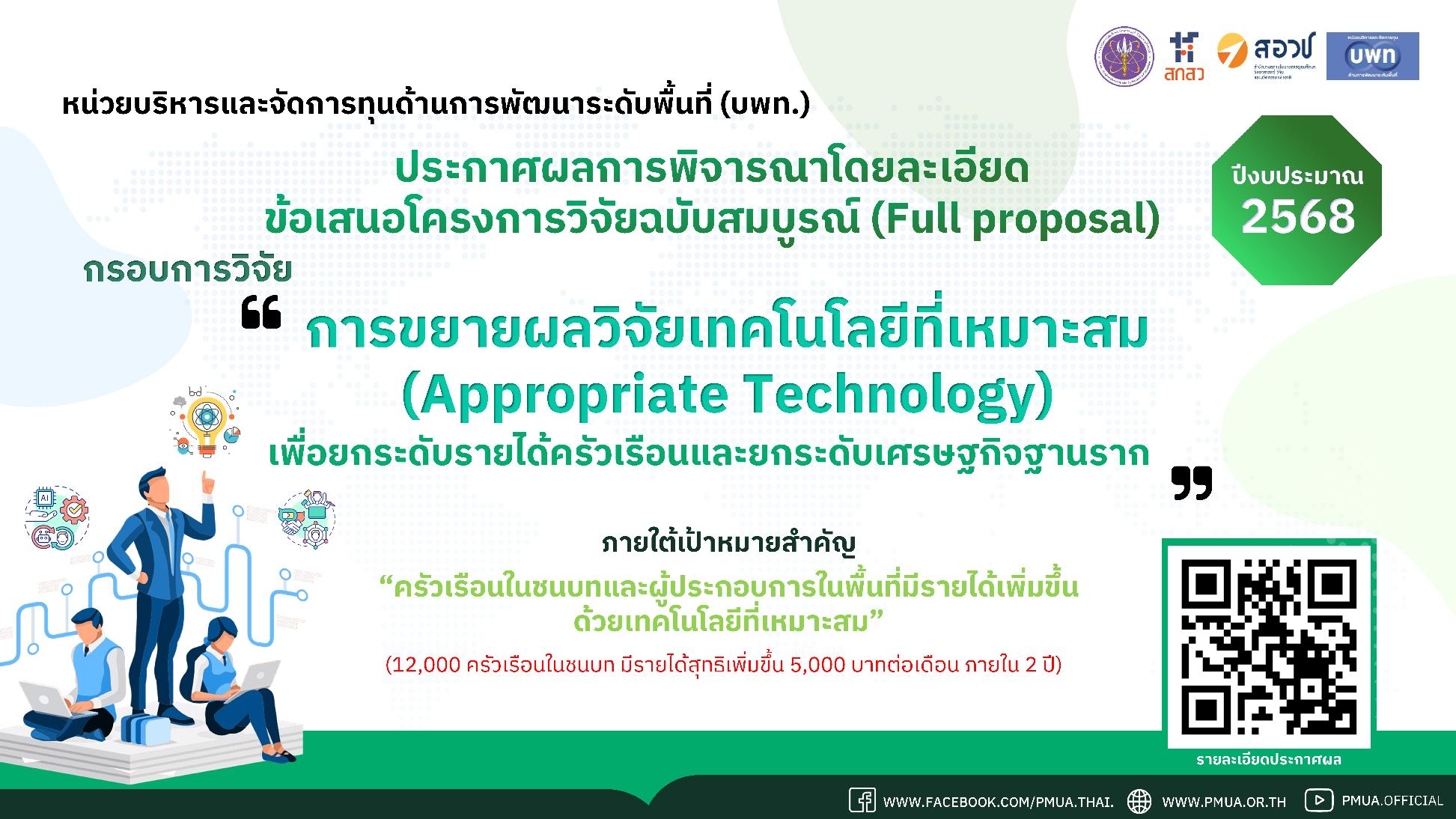 ประกาศผลการพิจารณาข้อเสนอโครงการวิจัยโดยละเอียด กรอบการวิจัย การขยายผลวิจัยเทคโนโลยีที่เหมาะสม (Appropriate Technology) เพื่อยกระดับรายได้ครัวเรือนและยกระดับเศรษฐกิจฐานราก ปีงบประมาณ 2568