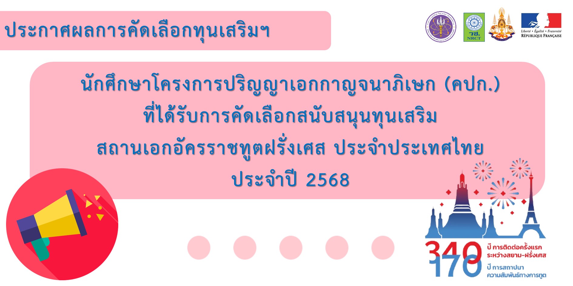 นักศึกษาโครงการปริญญาเอกกาญจนาภิเษก (คปก.) ที่ได้รับการคัดเลือกสนับสนุน ทุนเสริมของสถานเอกอัครราชทูตฝรั่งเศสประจำประเทศไทย ประจำปี 2568